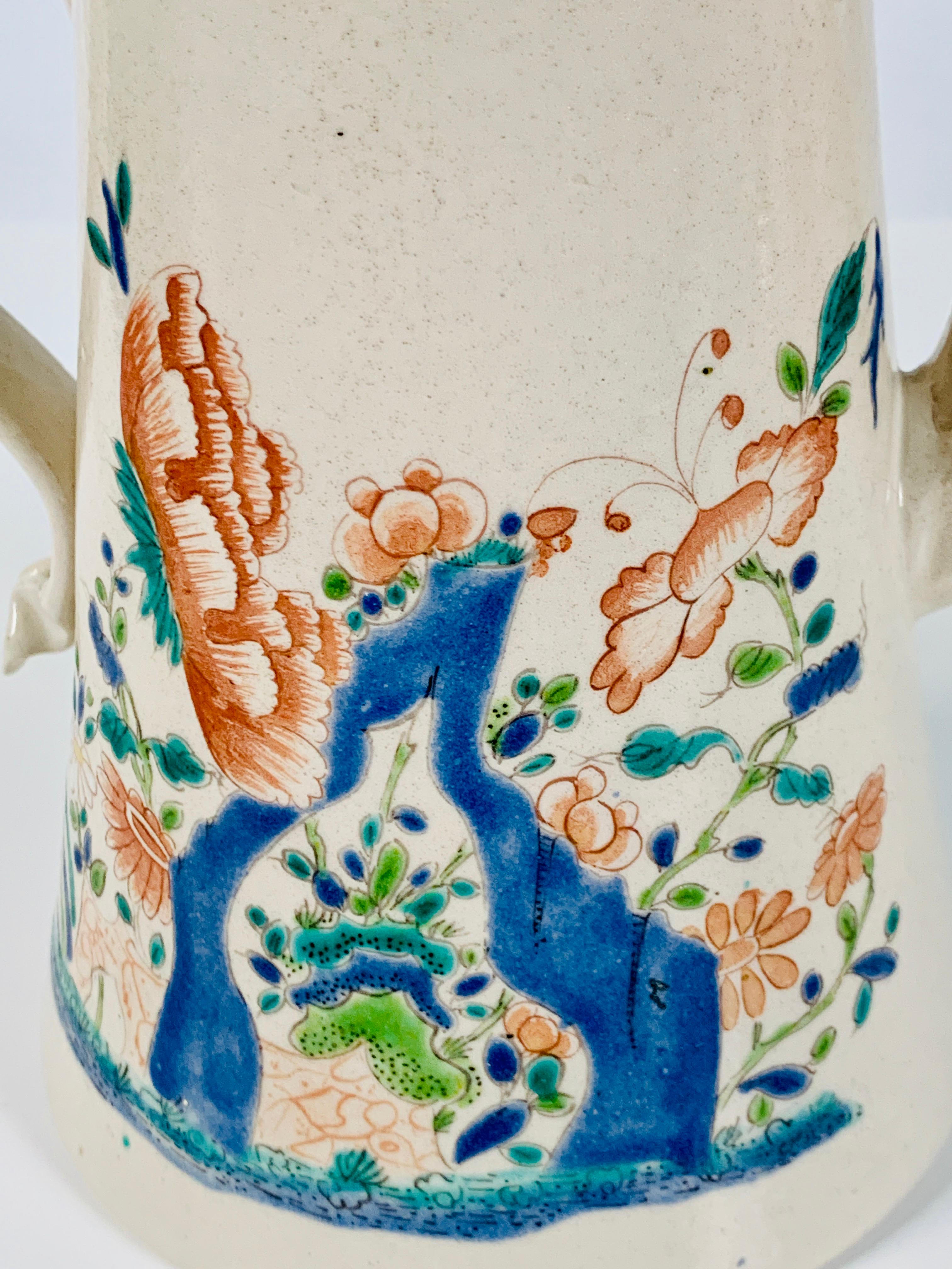 Hand-Painted Salt-Glazed Coffee Pot Mid-18th Century England with Chinoiserie Design