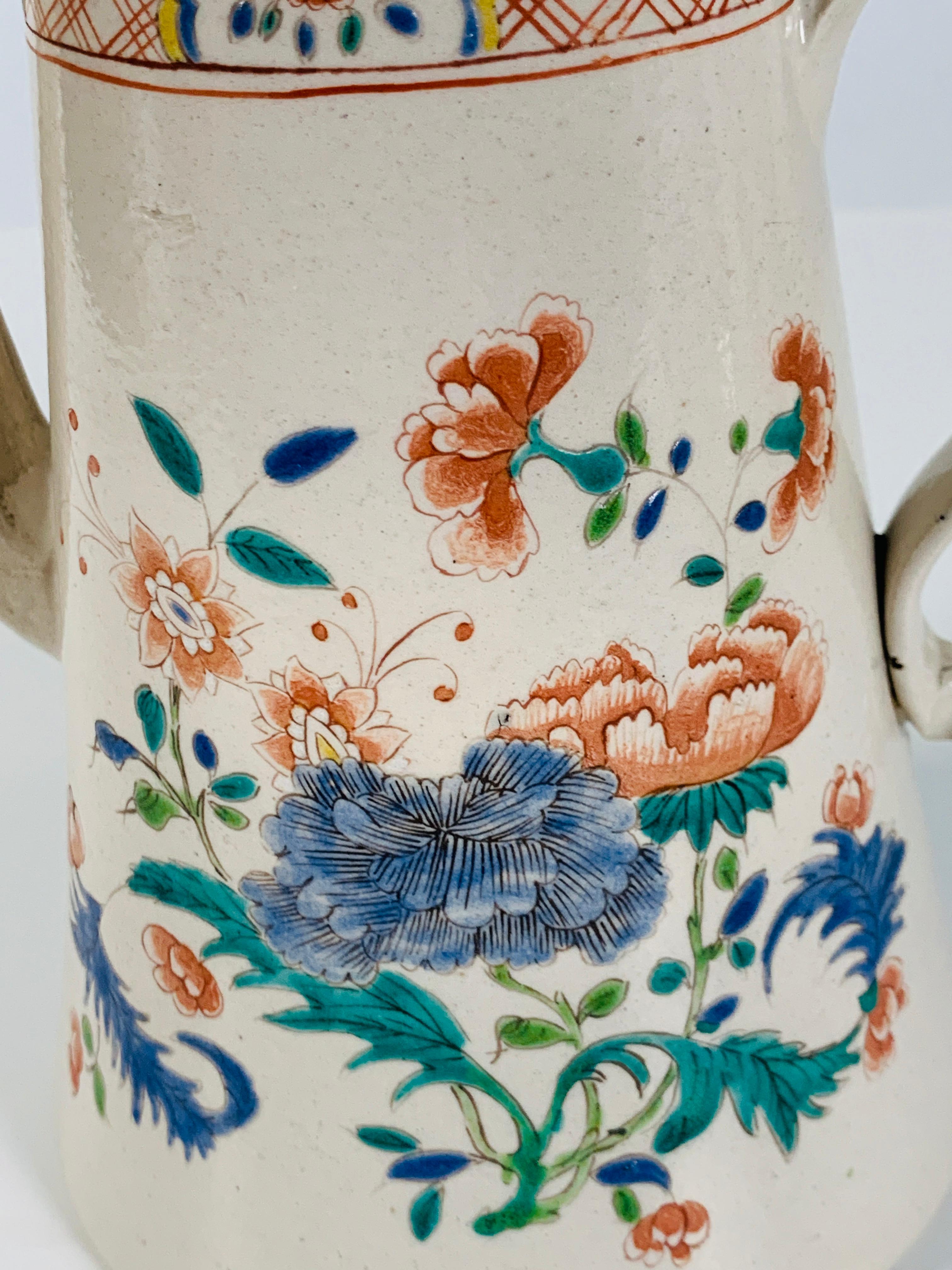 Stoneware Salt-Glazed Coffee Pot Mid-18th Century England with Chinoiserie Design