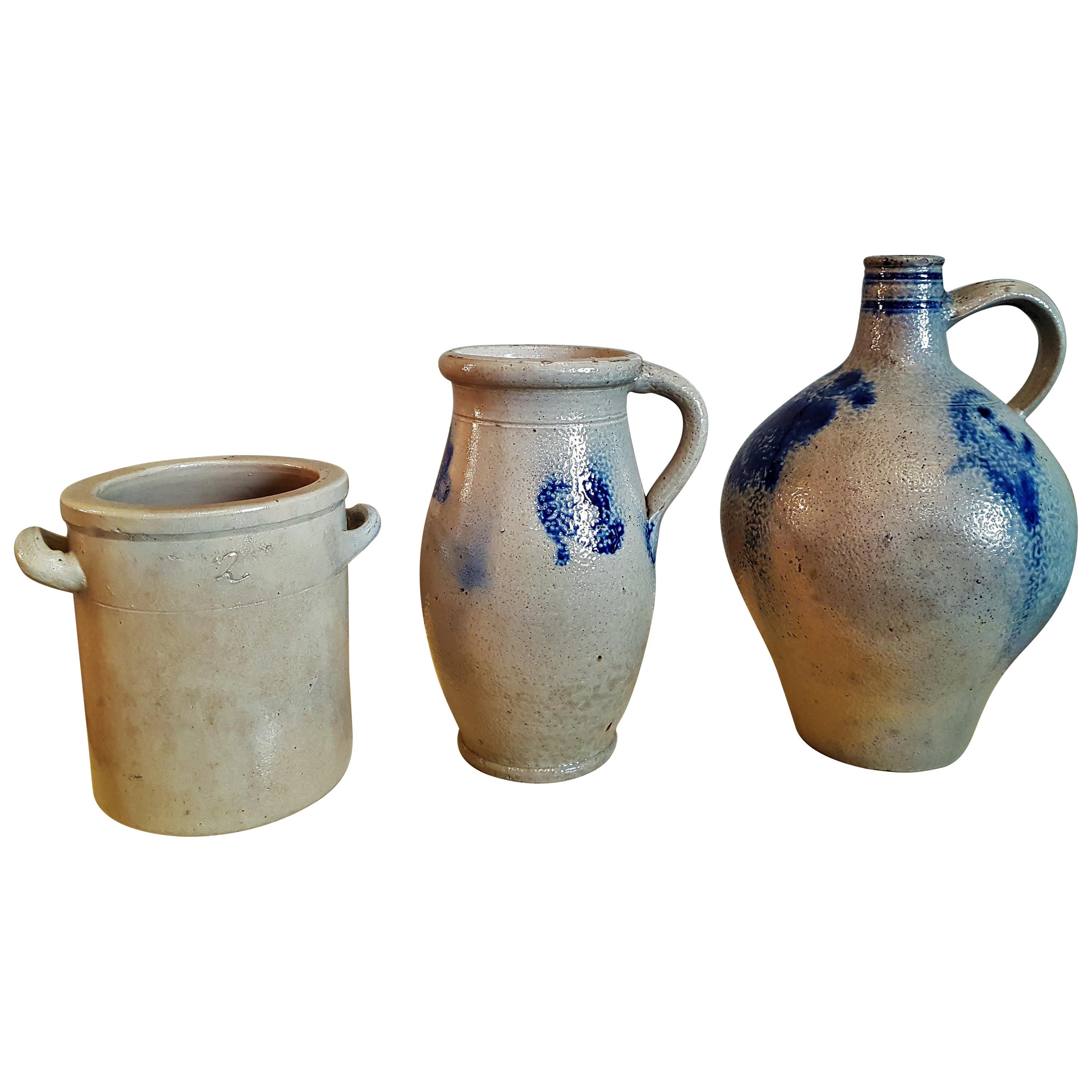 Salt Glazed Stoneware Pottery Crocks 19th Century Blue and Grey
