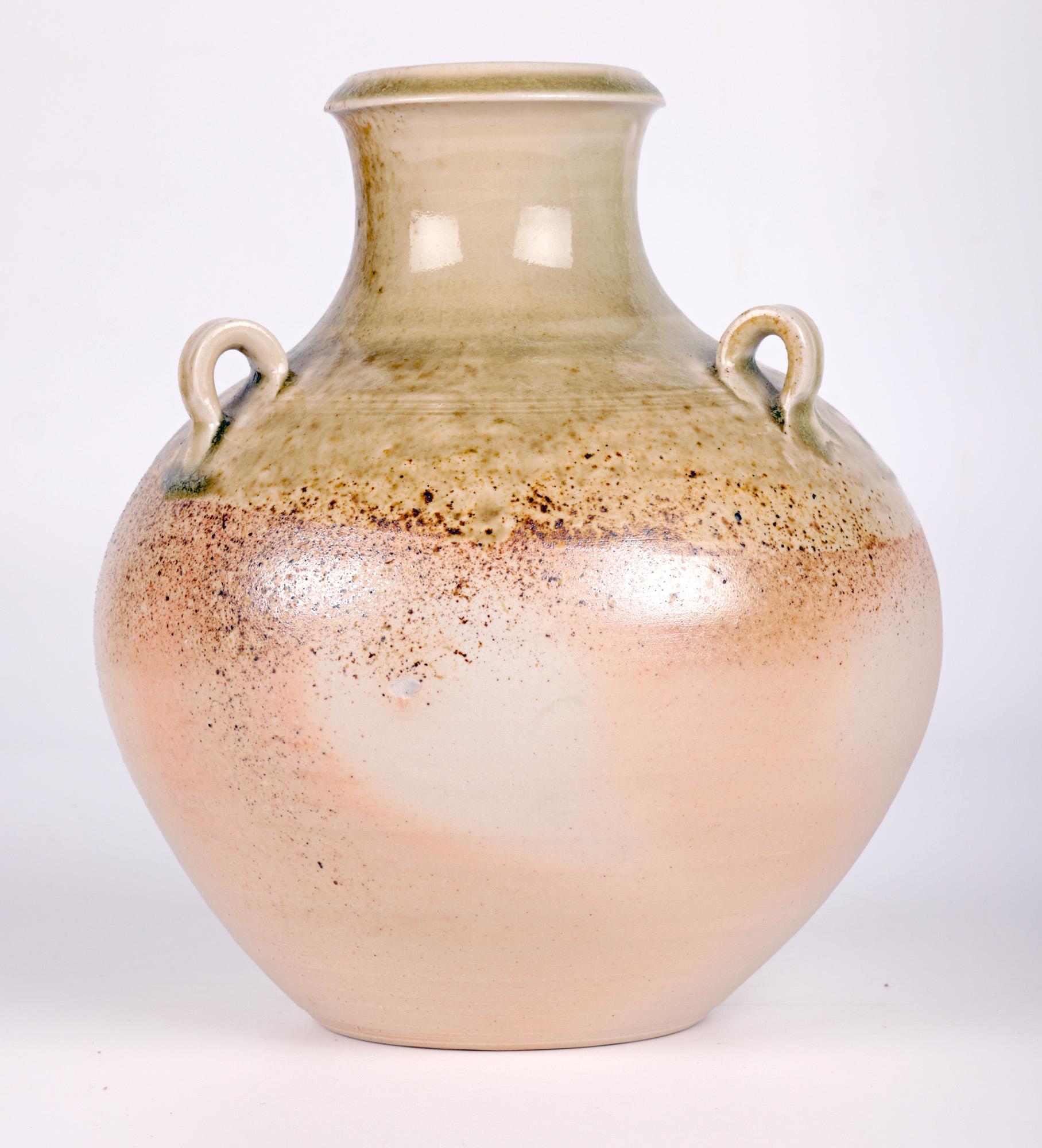 Ceramic Salt Glazed Three Handled Studio Pottery Vase For Sale