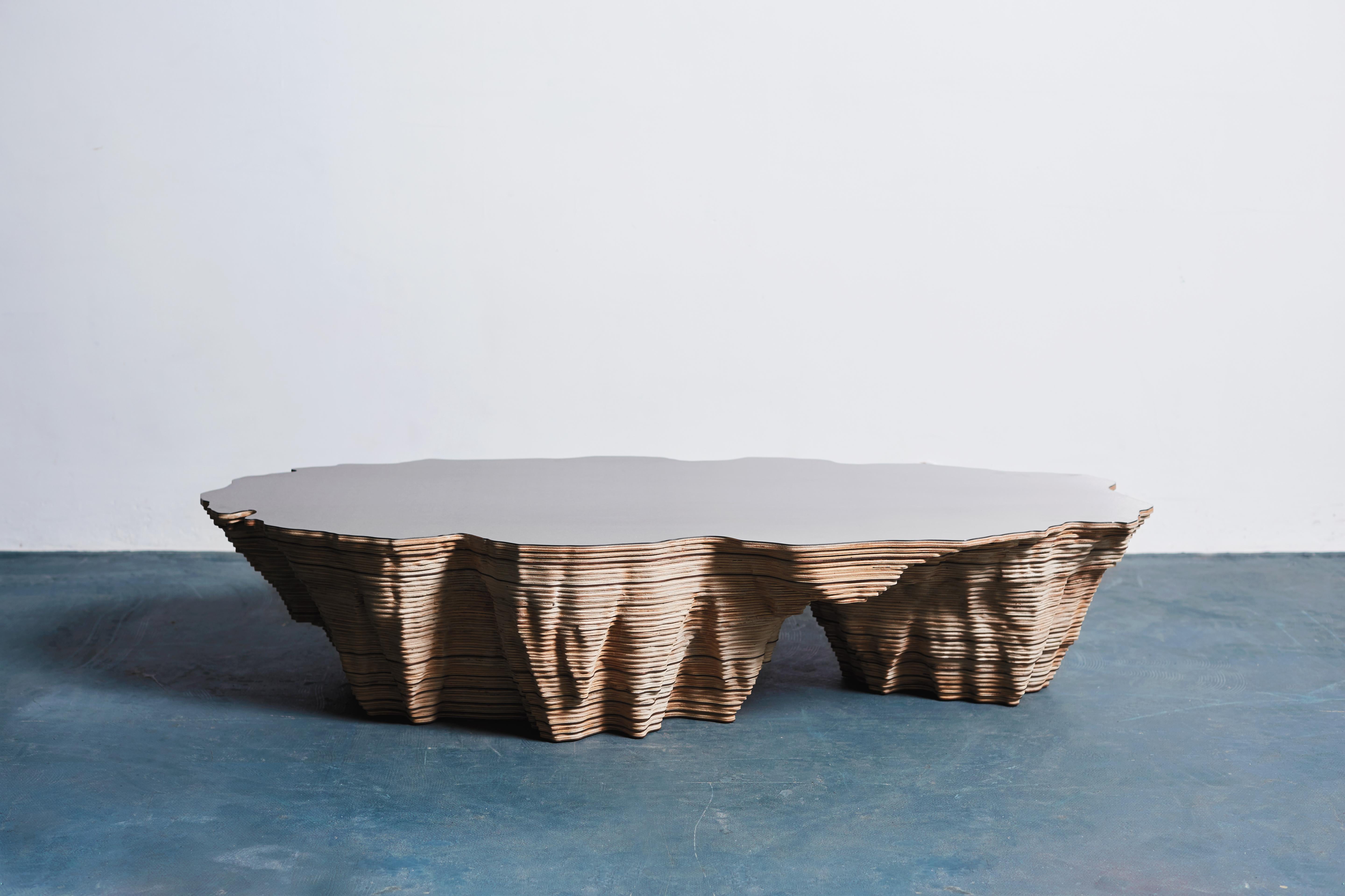 A contoured oval coffee table made using layers of birch wood and brushed steel.

Like a rock shaped by the power of water in a lost and mystical cavity, the Salt Lake table tells the story of the incessant passage of time and how the signs that it