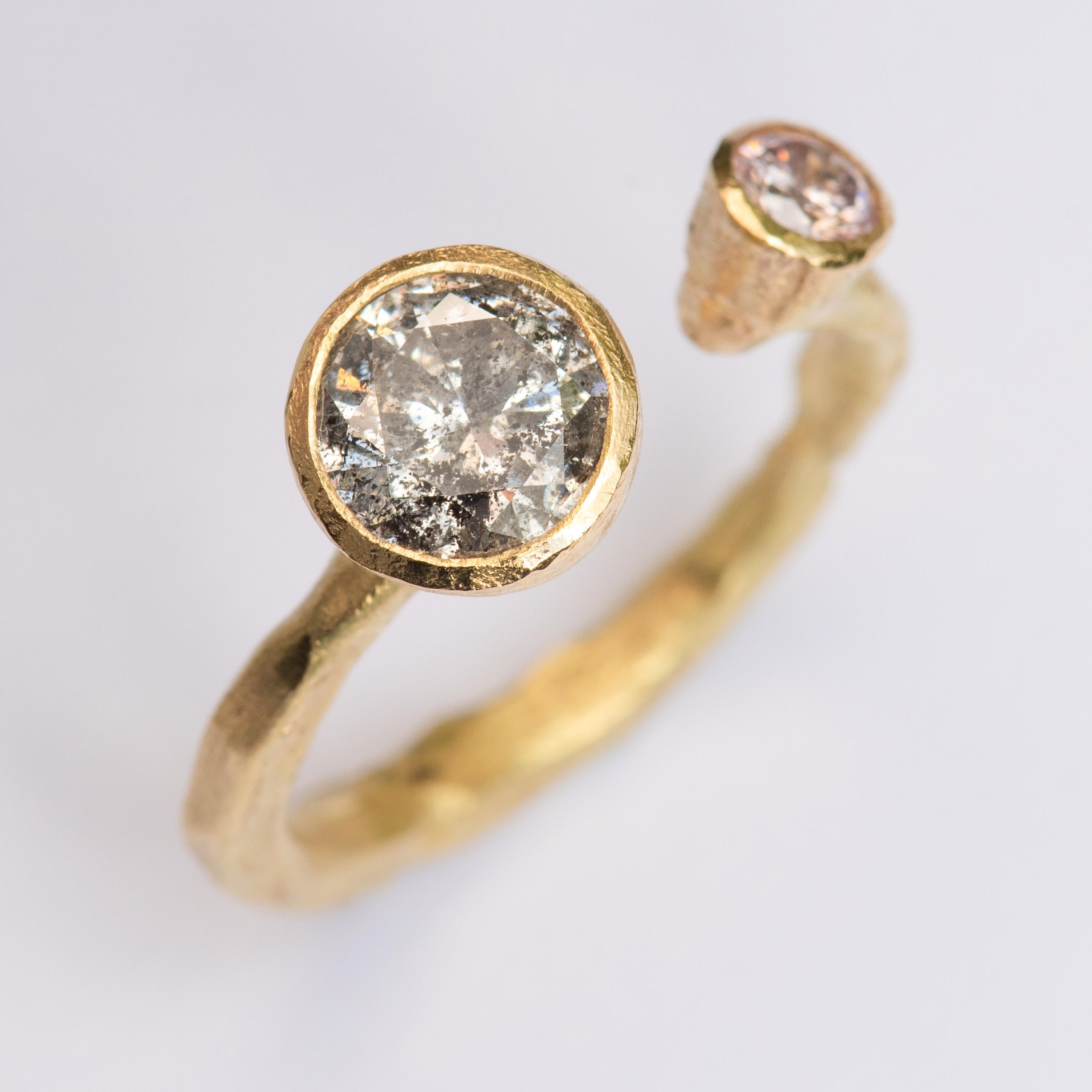 Contemporary Salt and Pepper and Pink Diamond 18 Karat Gold Ring Handmade by Disa Allsopp For Sale