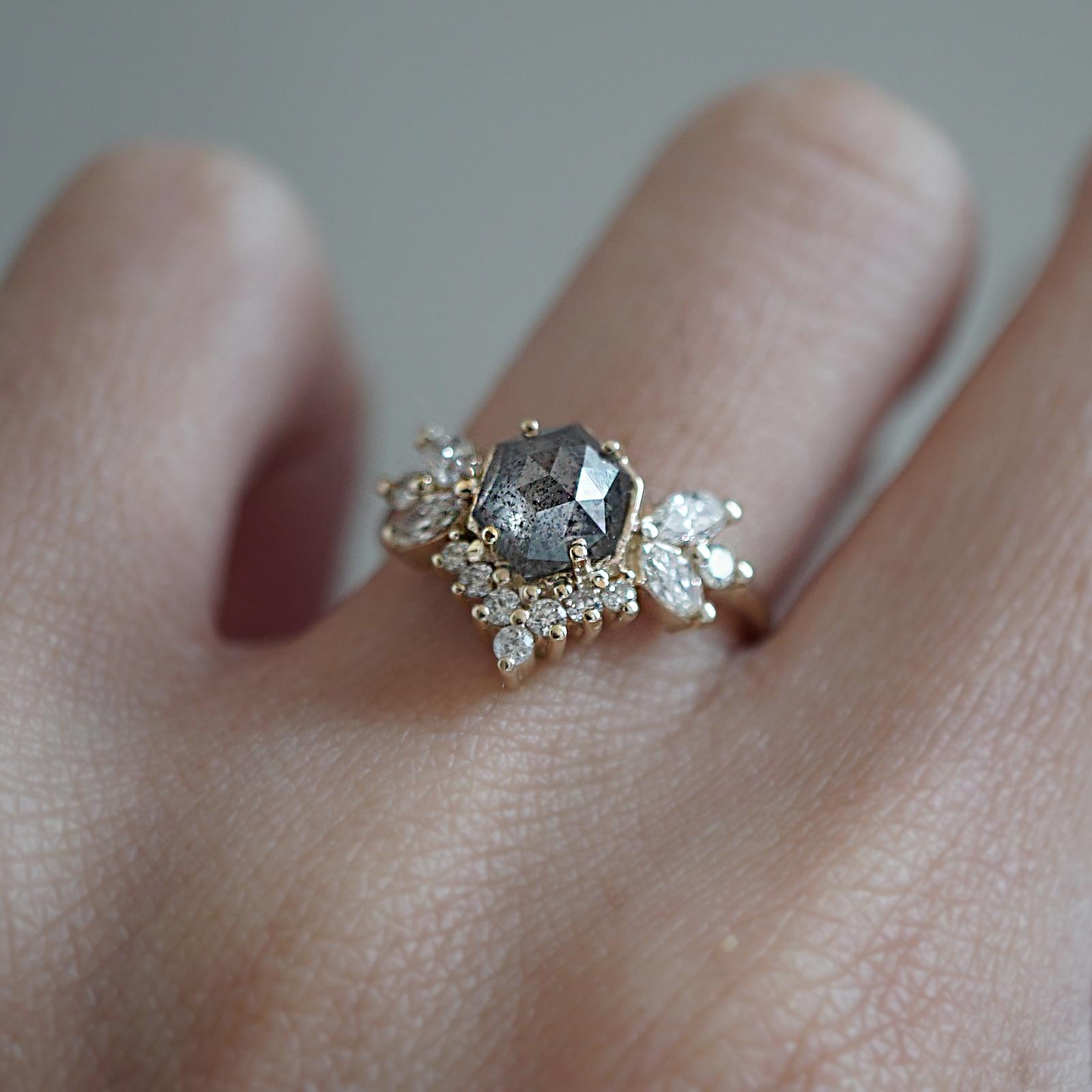 hexagon salt and pepper diamond ring