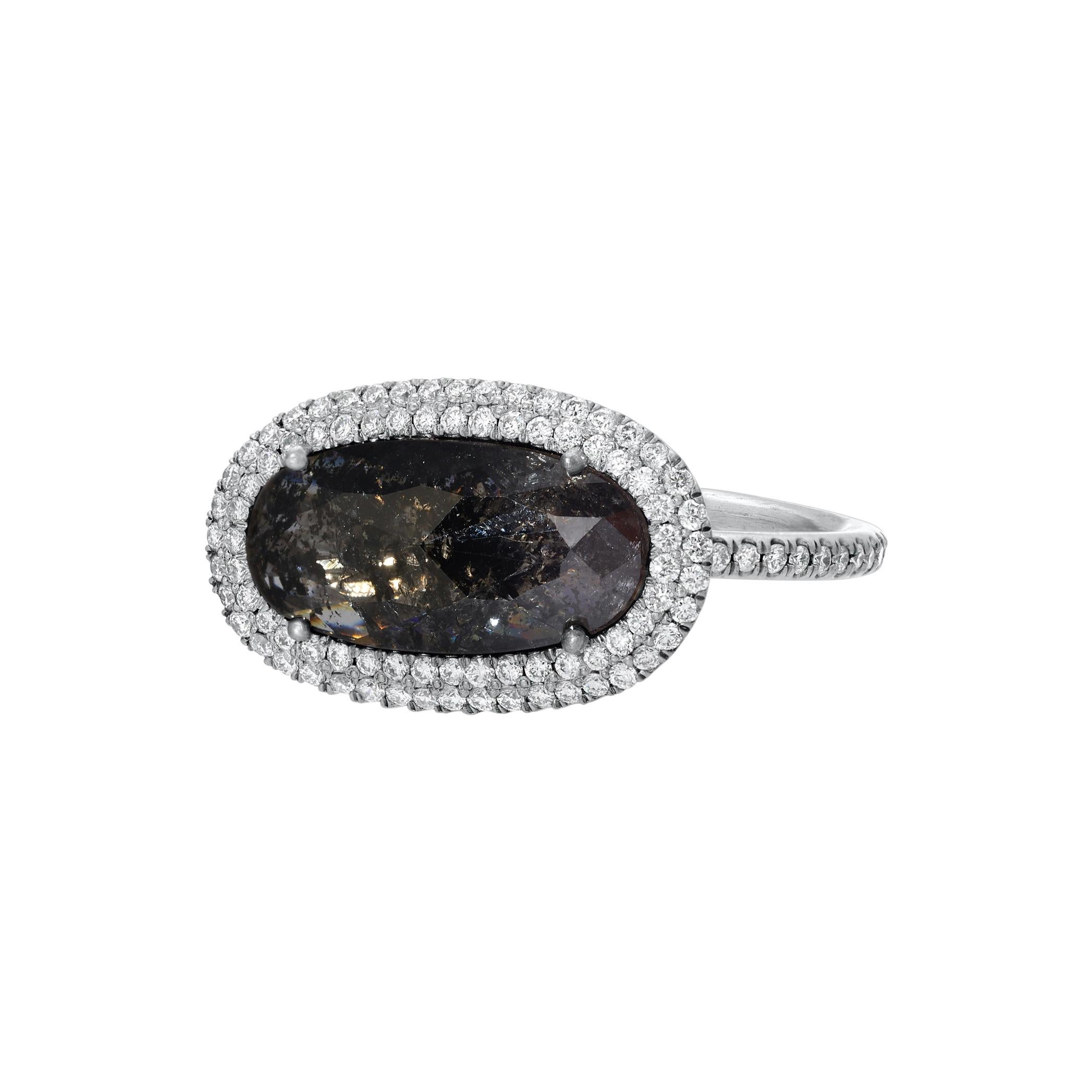 Salt & Pepper Oval Diamond Slice with Double Pave Halo in 18k Matte White Gold For Sale