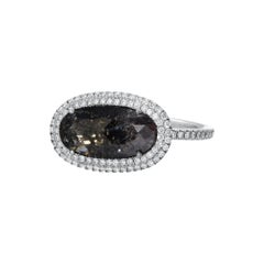 Salt & Pepper Oval Diamond Slice with Double Pave Halo in 18k Matte White Gold