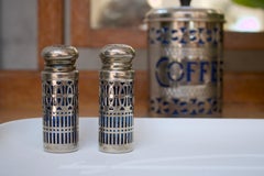 Art Deco Silver-Plated Salt and Pepper Shakers with Cobalt Blue Glass