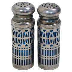 Salt & pepper shakers, Art Deco silver plate with cobalt blue glass