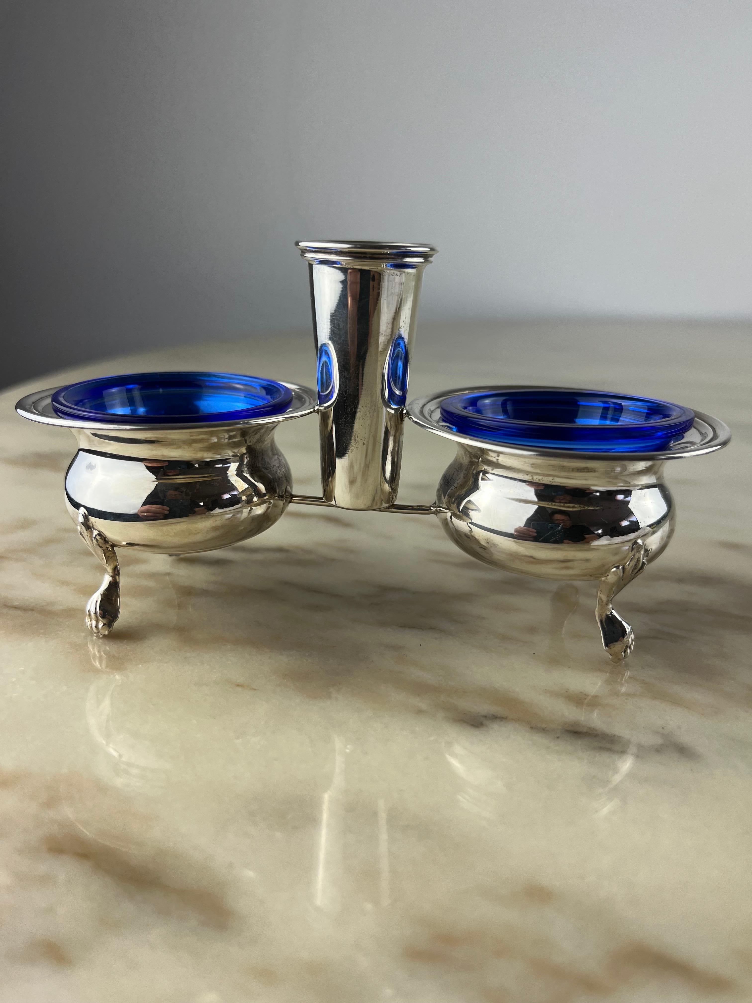 Salt/Pepper/Toothpick Set in 800 Silver and Crystal, Italy, 1990 For Sale 1