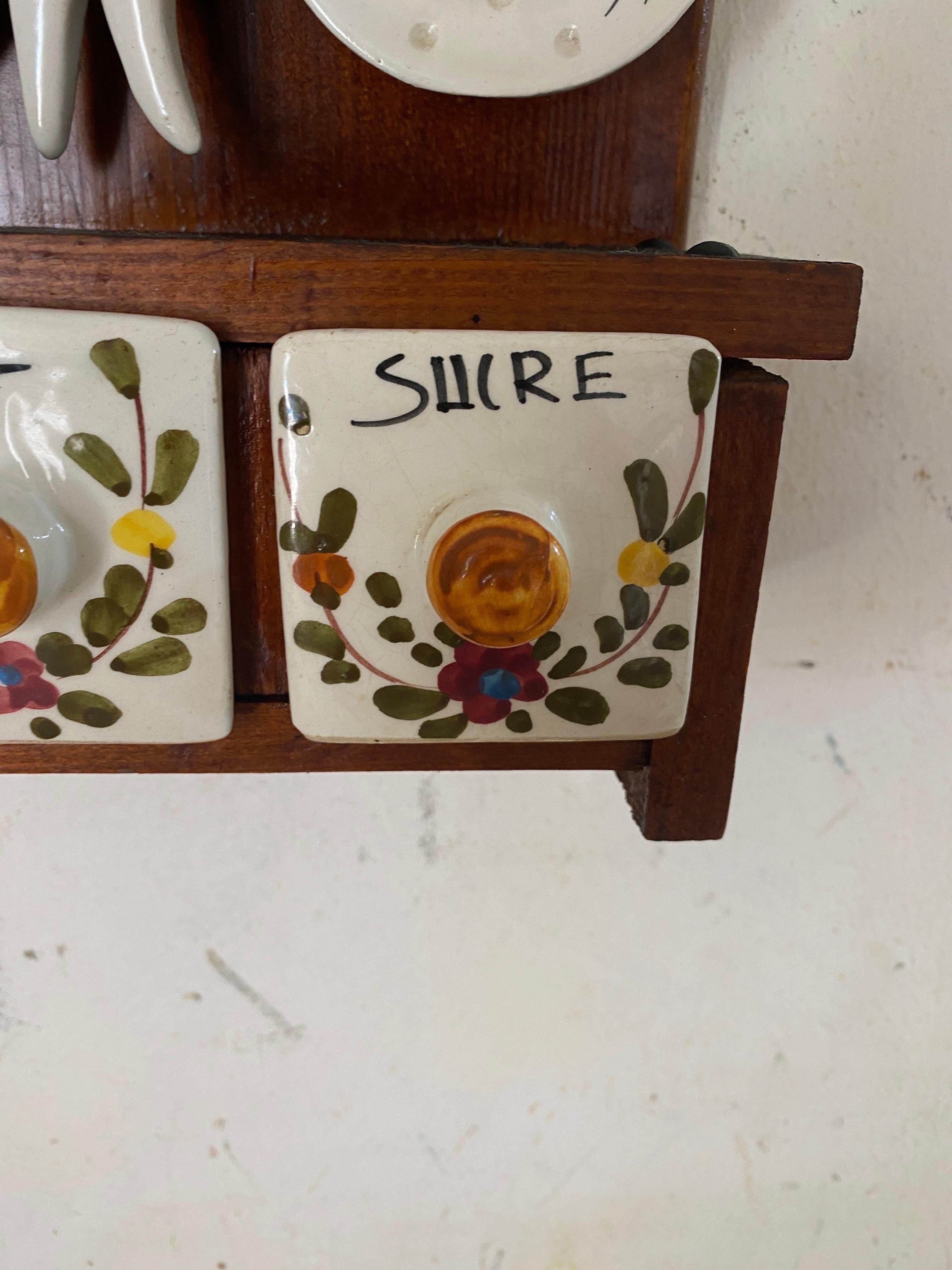 Salt Sugar and Coffee Boxes Kitchen wall set in Ceramic and Wood France 1960 For Sale 6