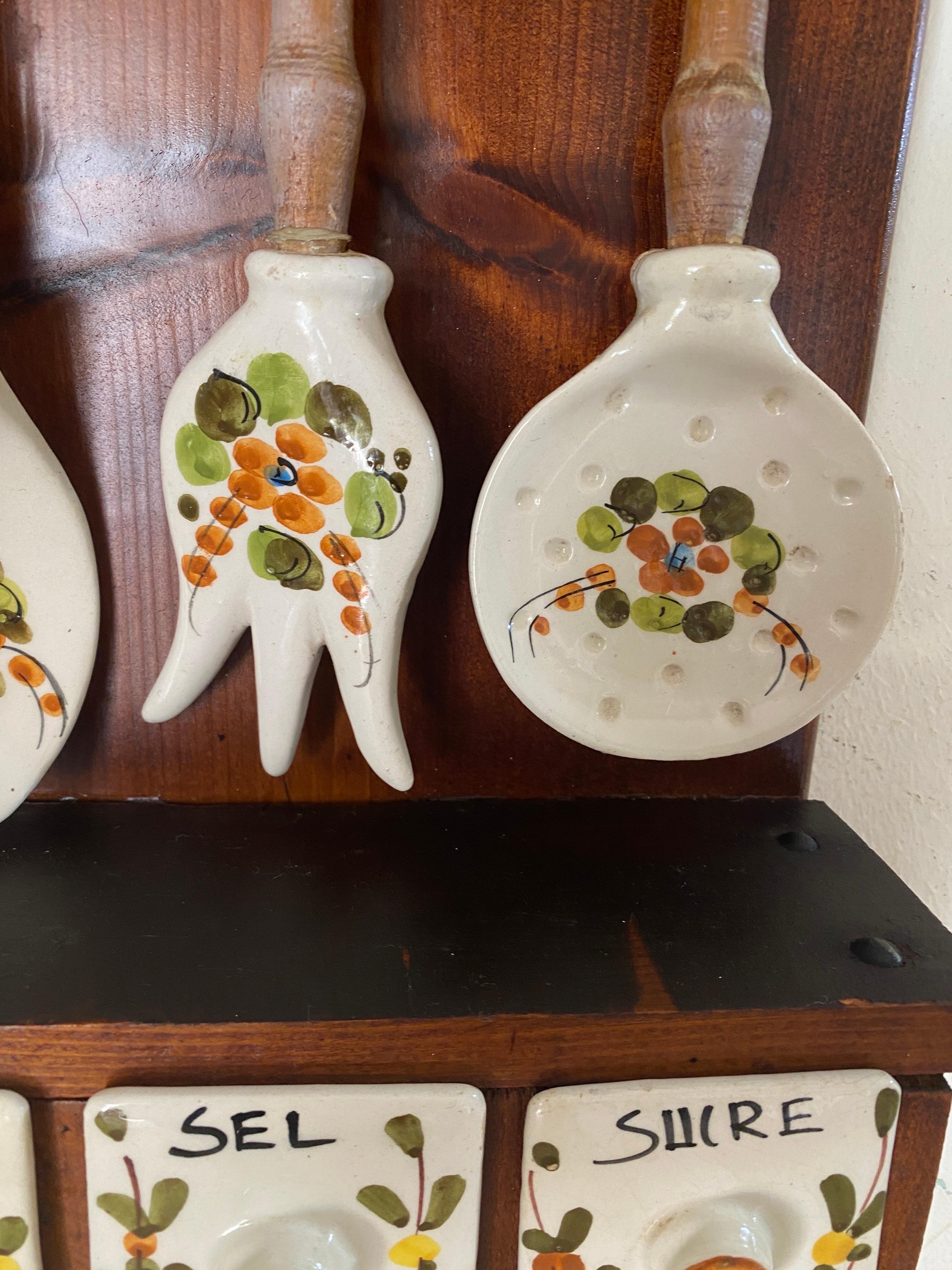 Salt Sugar and Coffee Boxes Kitchen wall set in Ceramic and Wood France 1960 For Sale 8