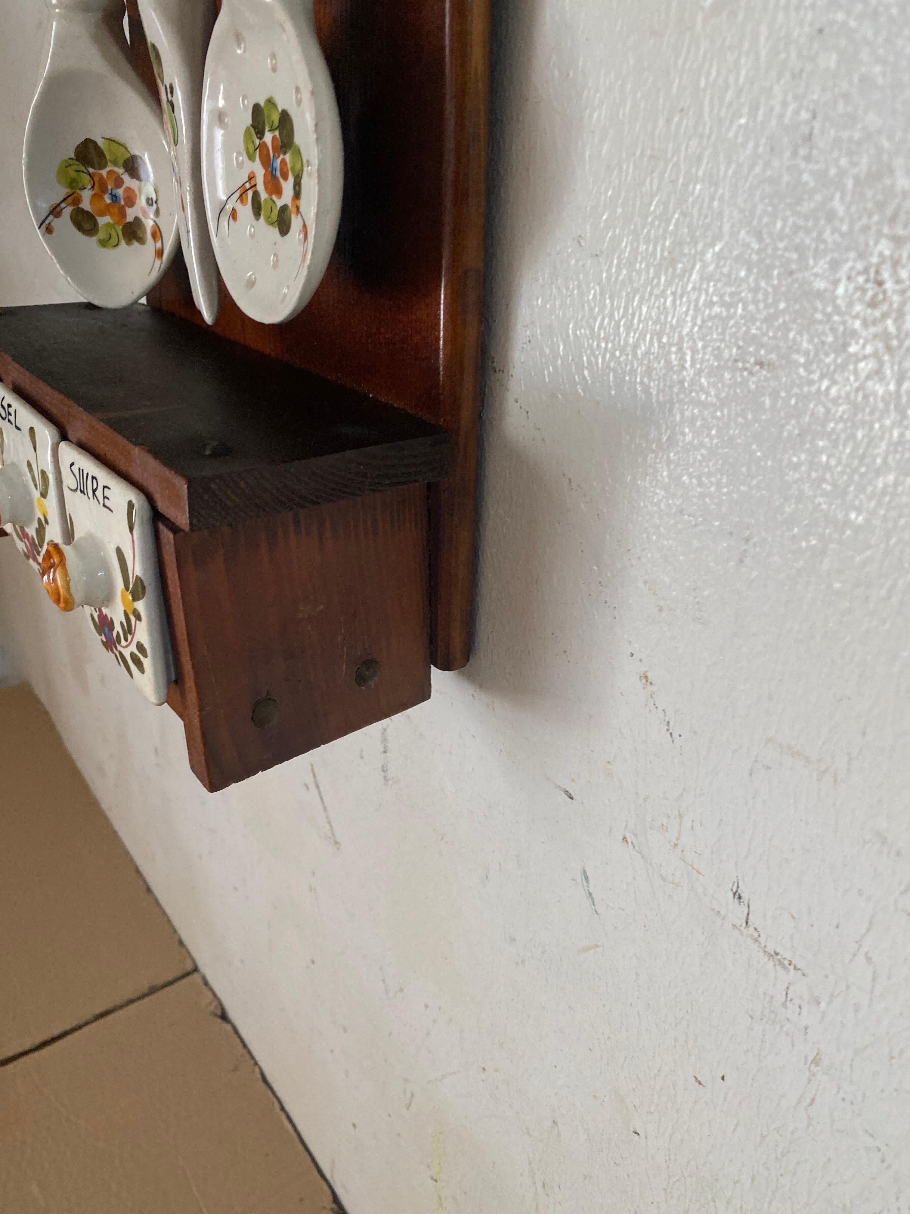 Salt Sugar and Coffee Boxes Kitchen wall set in Ceramic and Wood France 1960 In Good Condition For Sale In Auribeau sur Siagne, FR