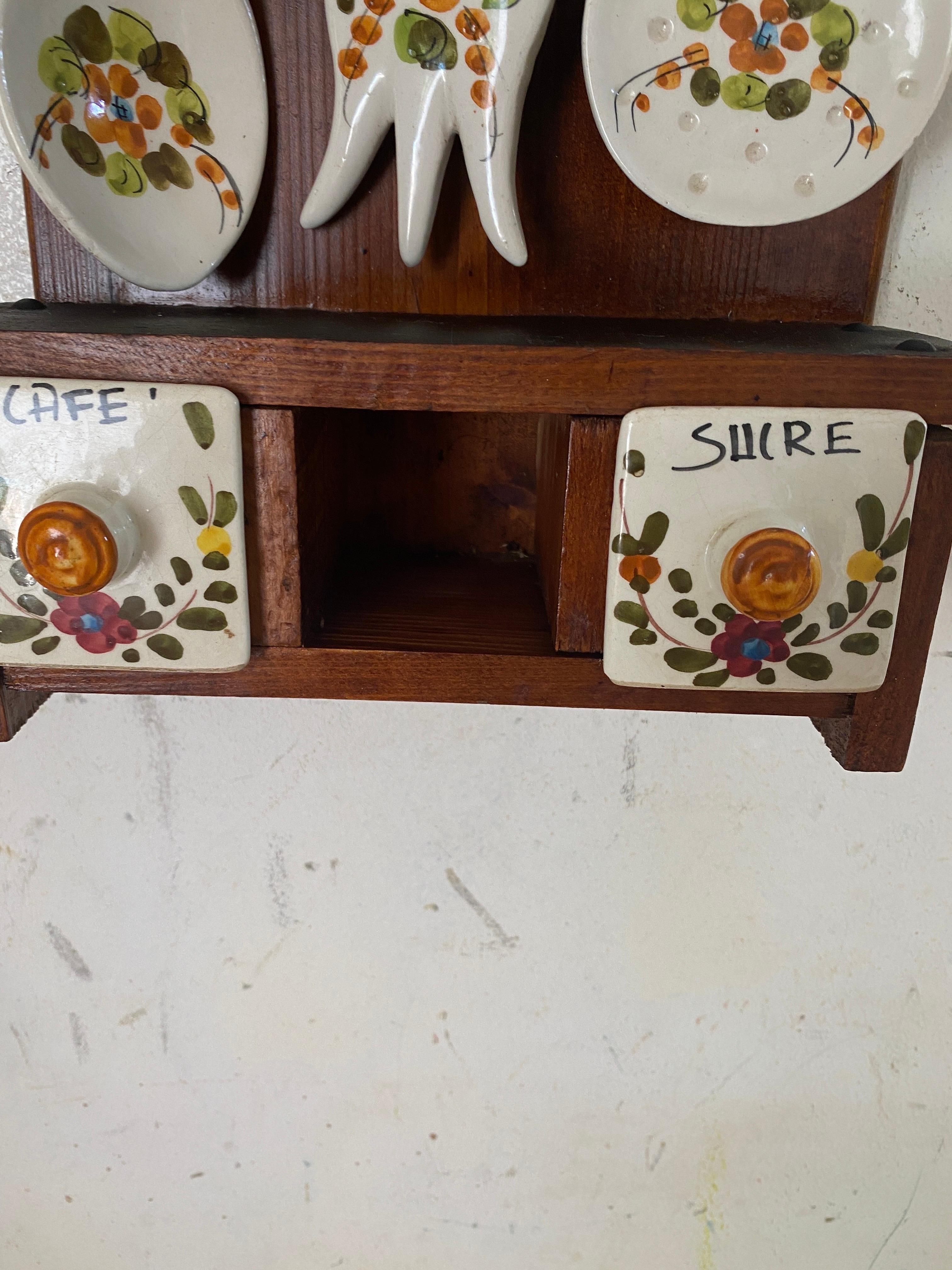Salt Sugar and Coffee Boxes Kitchen wall set in Ceramic and Wood France 1960 For Sale 1