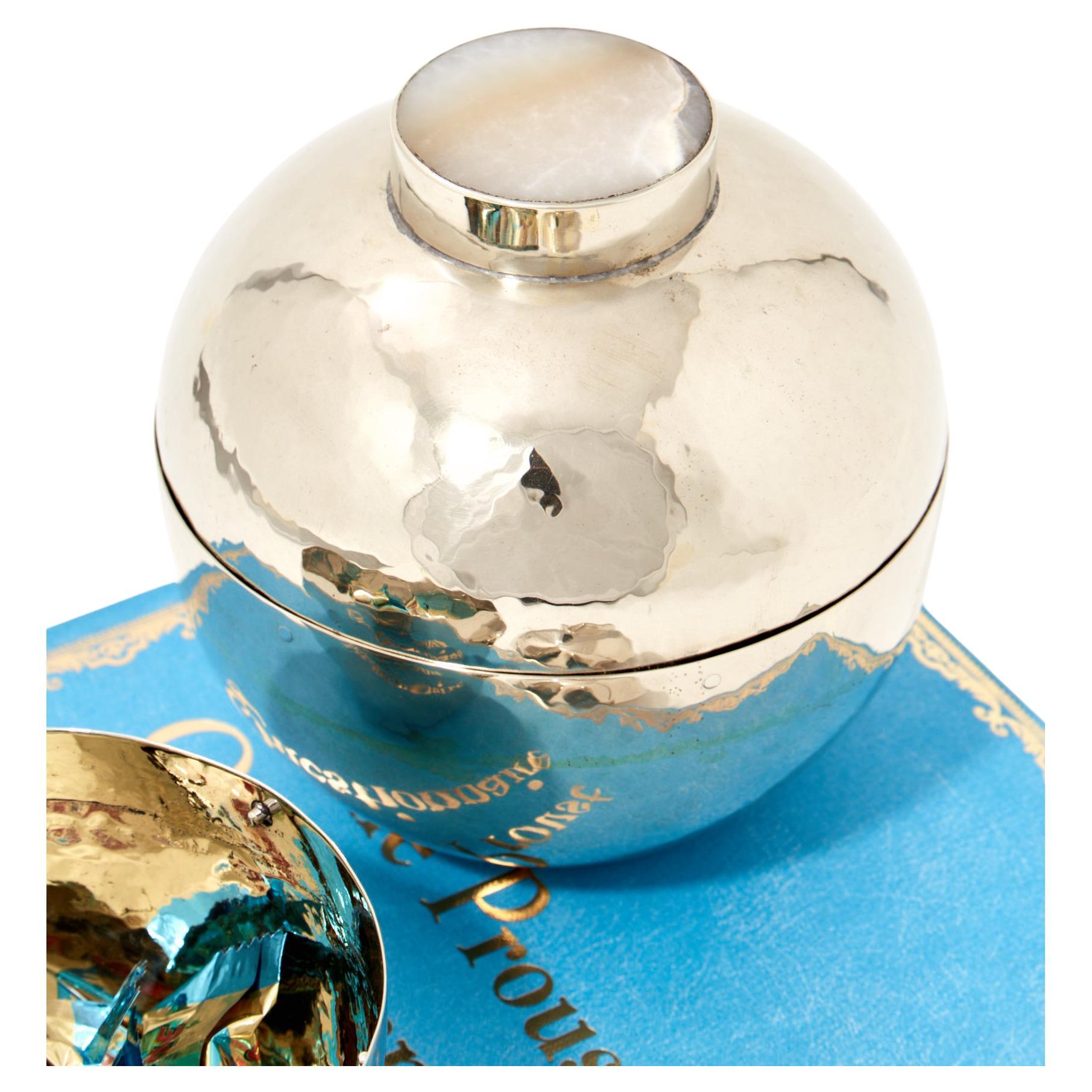 Salta Large Candy Bowl, Alpaca Silver & Cream Onyx Stone For Sale