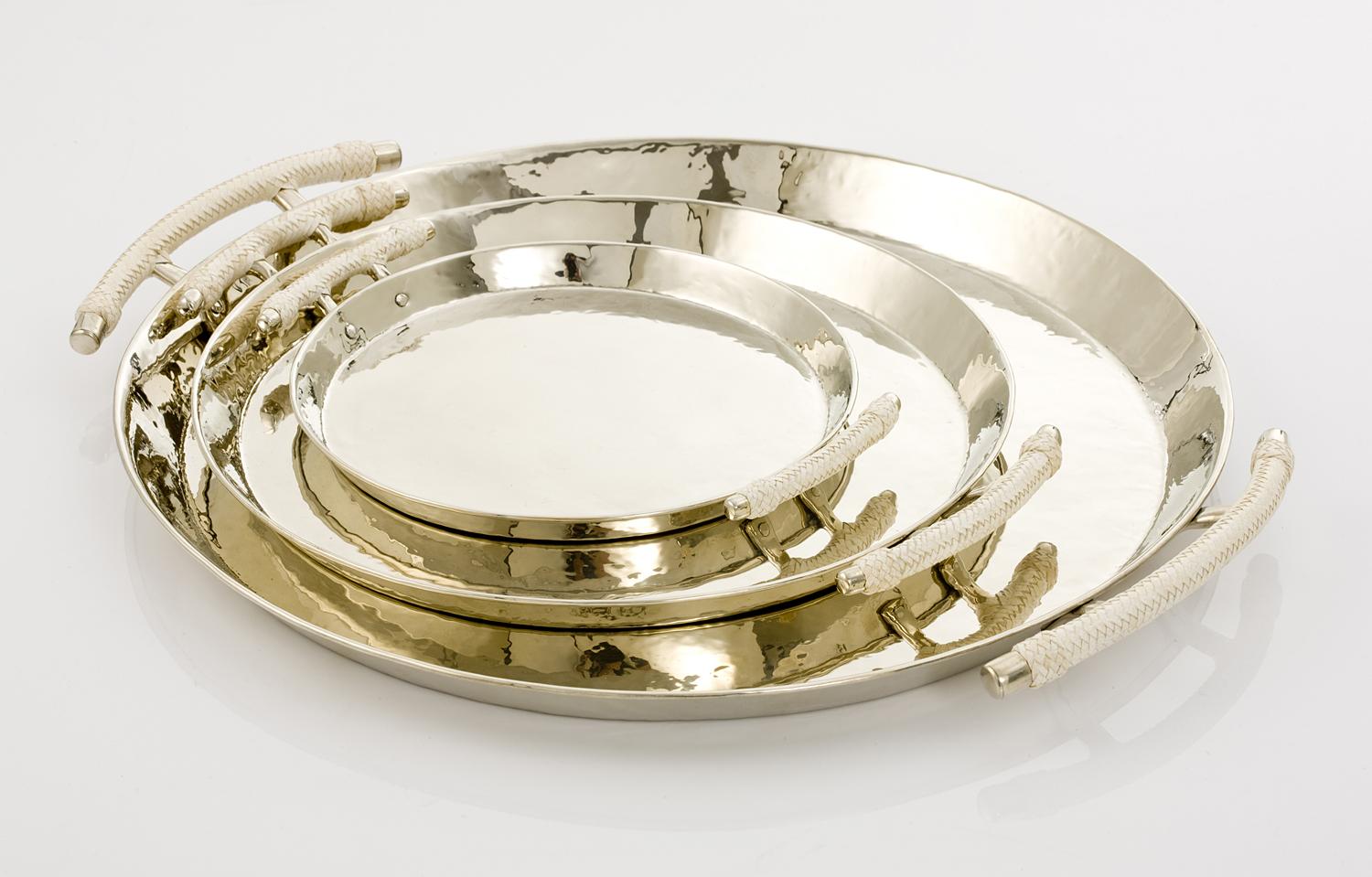 Modern Salta Large Round Tray Alpaca Silver & Leather For Sale