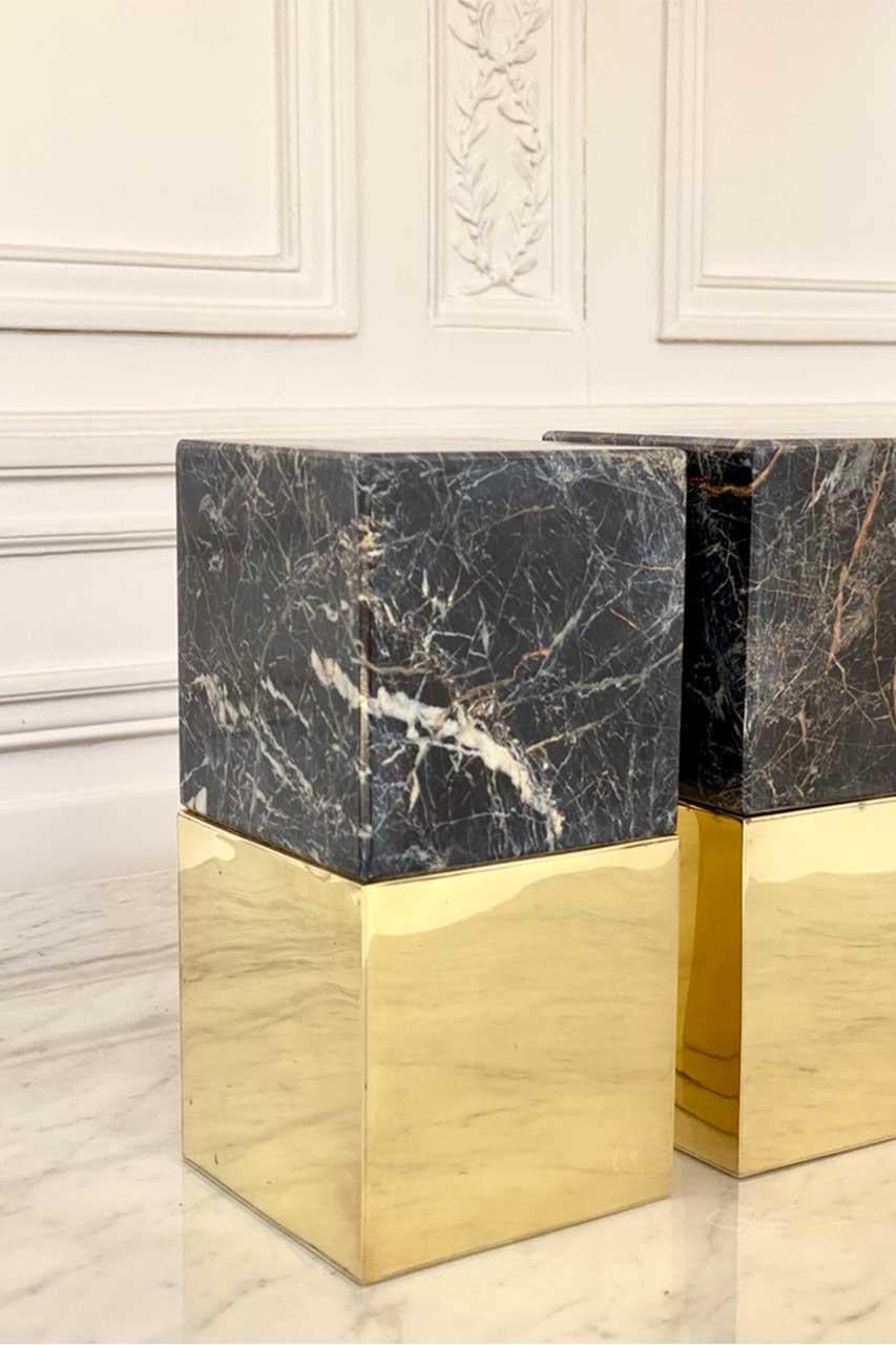 Modern Salta Large Square Black Onyx Stone & Brass Pair of Bookends For Sale
