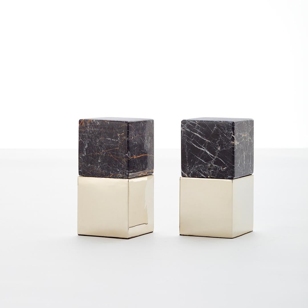 Modern Salta Large Square Black Onyx Stone Pair of Bookends For Sale