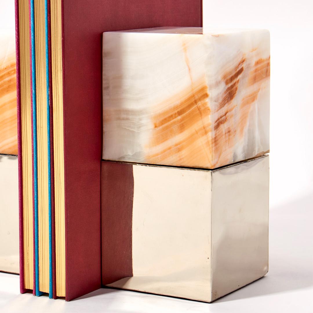 Modern Salta Large Square Cream Onyx Stone Pair of Bookends For Sale