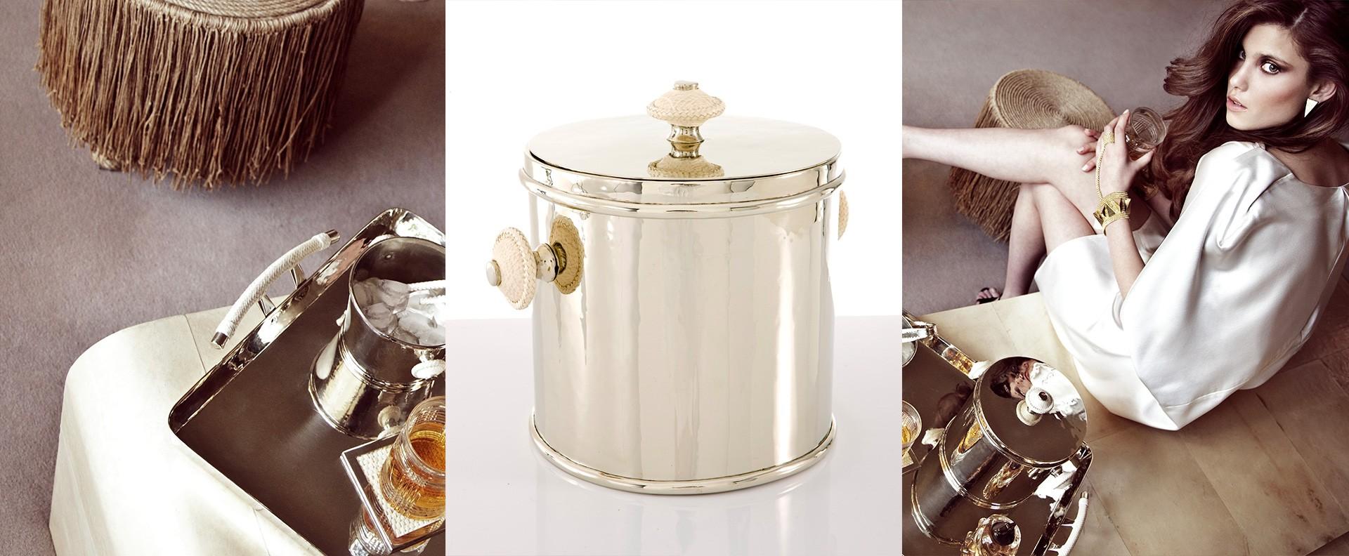 Argentine Salta Leather Ice Bucket, Alcapa Silver & Goat Leather For Sale