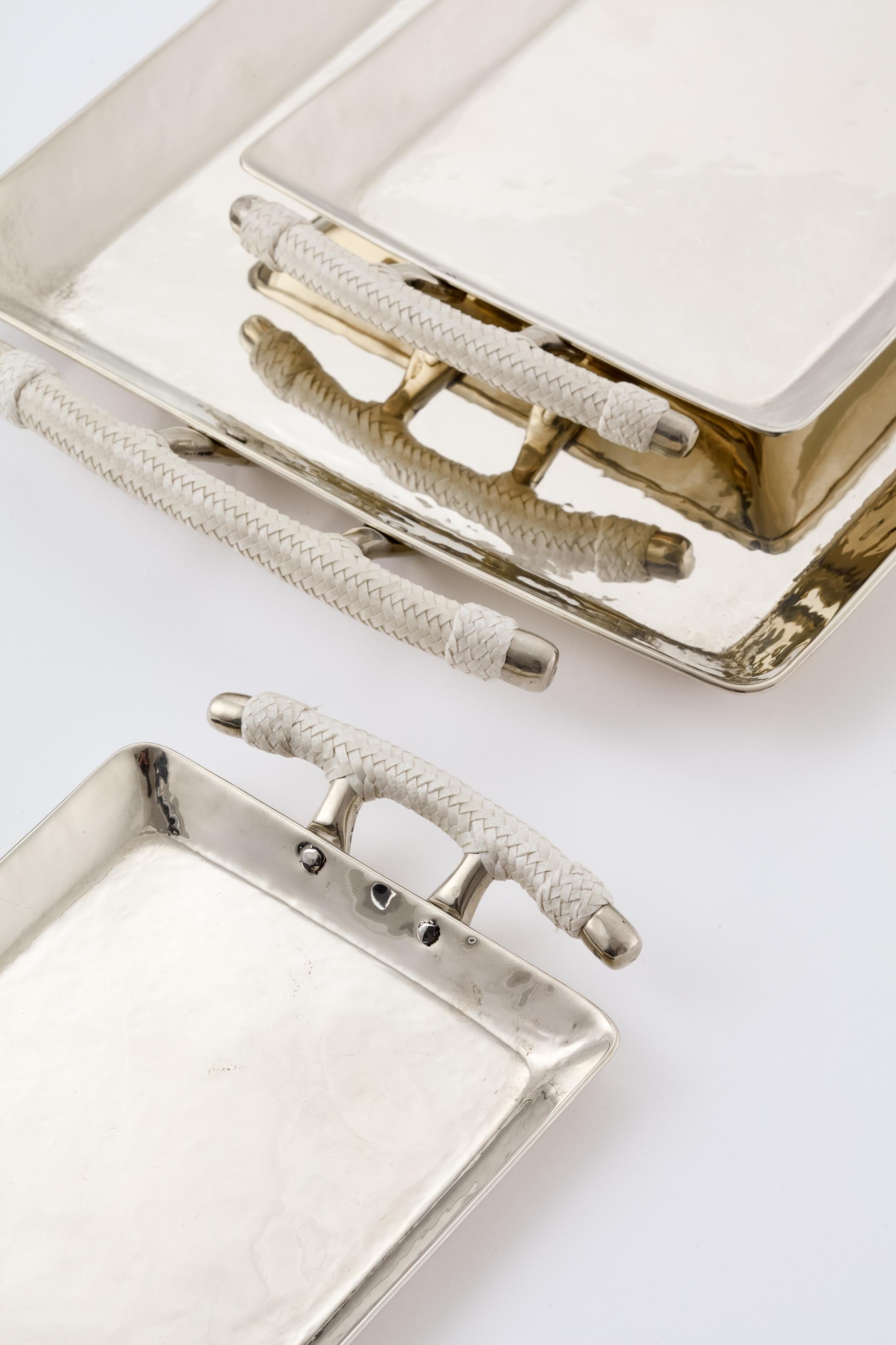 Salta Medium Rechteckiges Ledertablett, Alpaka Silber & Leder (Moderne) im Angebot