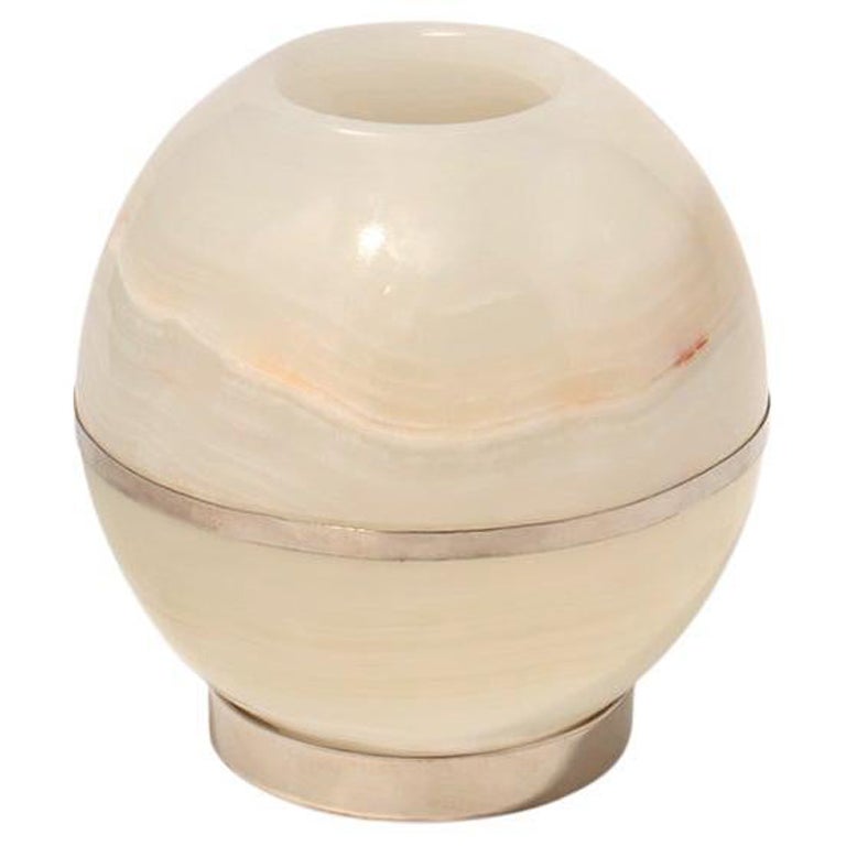 Chandelier rond moyen SALTA, argent alpaga et pierre d'onyx naturel crème