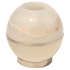 Chandelier rond moyen SALTA, argent alpaga et pierre d'onyx naturel crème