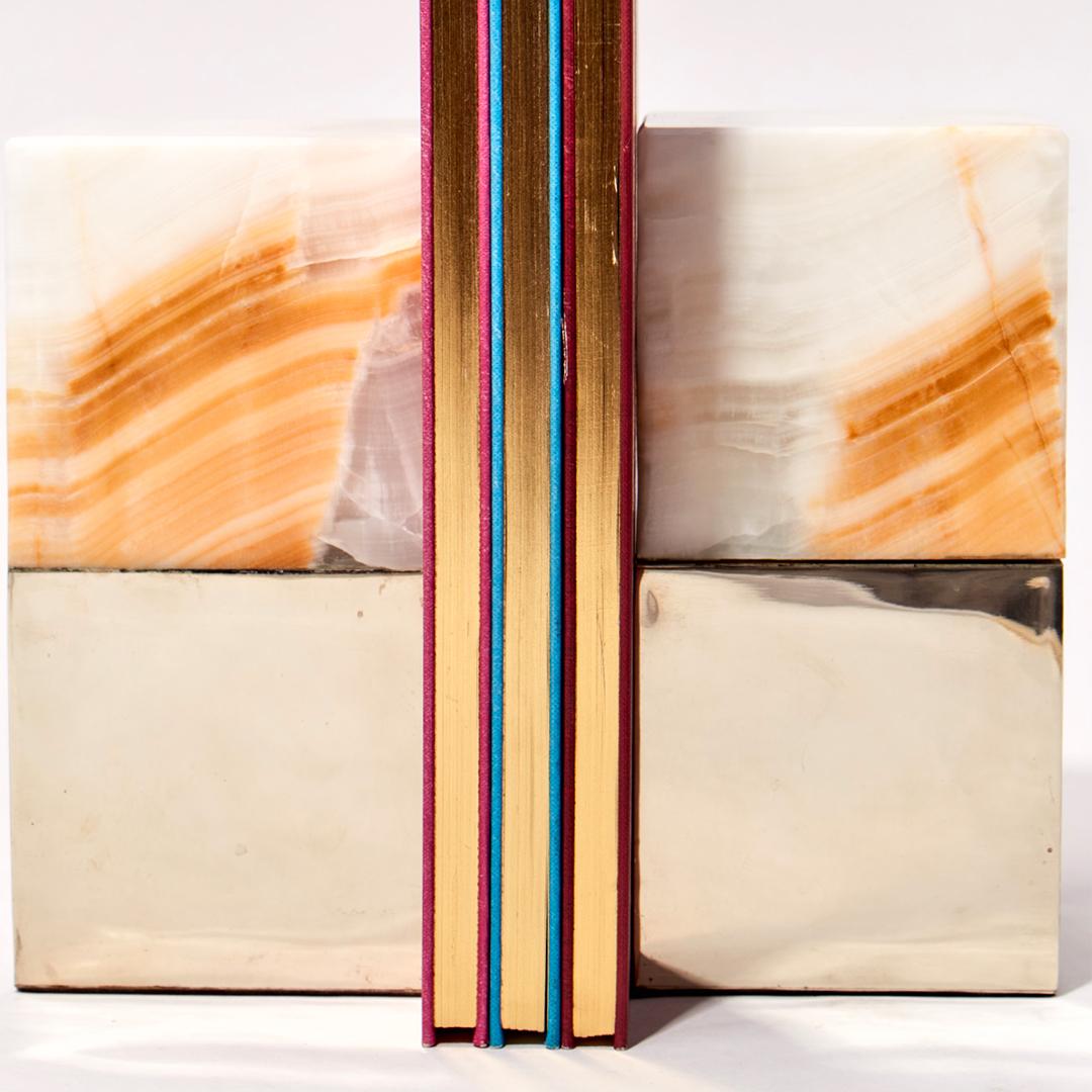 Hand-Carved Salta Medium Square Cream Onyx Stone Pair of Bookends For Sale