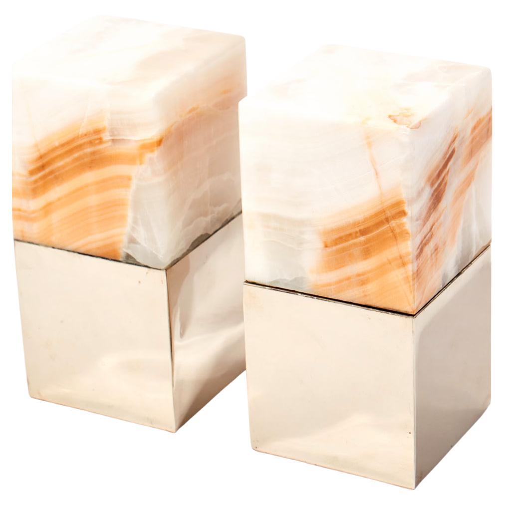 Salta Medium Square Cream Onyx Stone Pair of Bookends For Sale