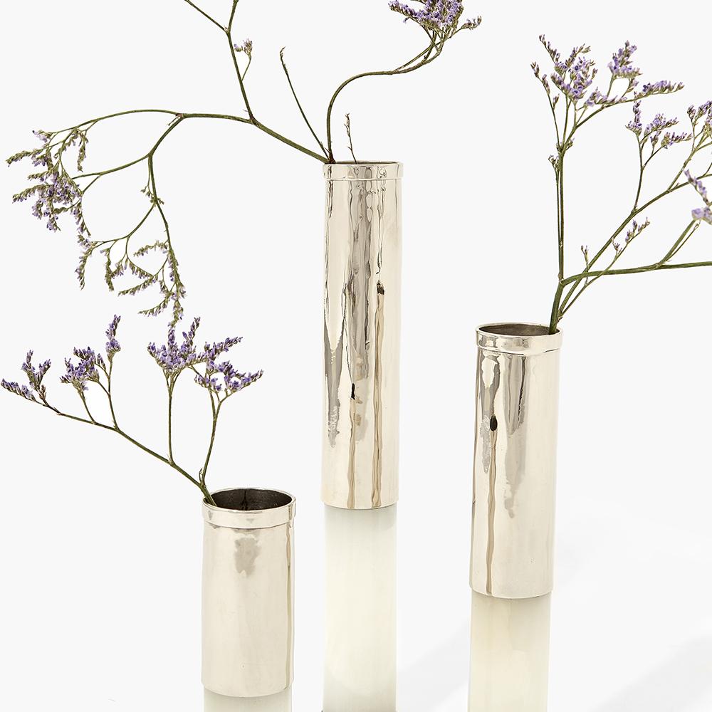 Organic Modern Set Salta Mini Tube Flower Vases, Alpaca Silver & Cream Onyx For Sale