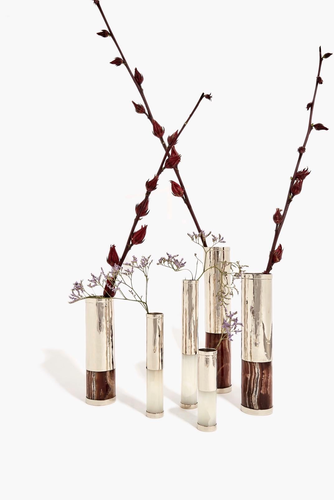 Argentine Set Salta Mini Tube Flower Vases, Alpaca Silver & Cream Onyx For Sale