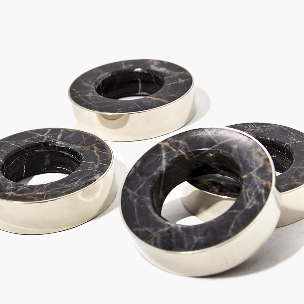 Organic Modern Two Set Salta Napking Ring, Alpaca Silver & Black Onyx Natural Stone For Sale