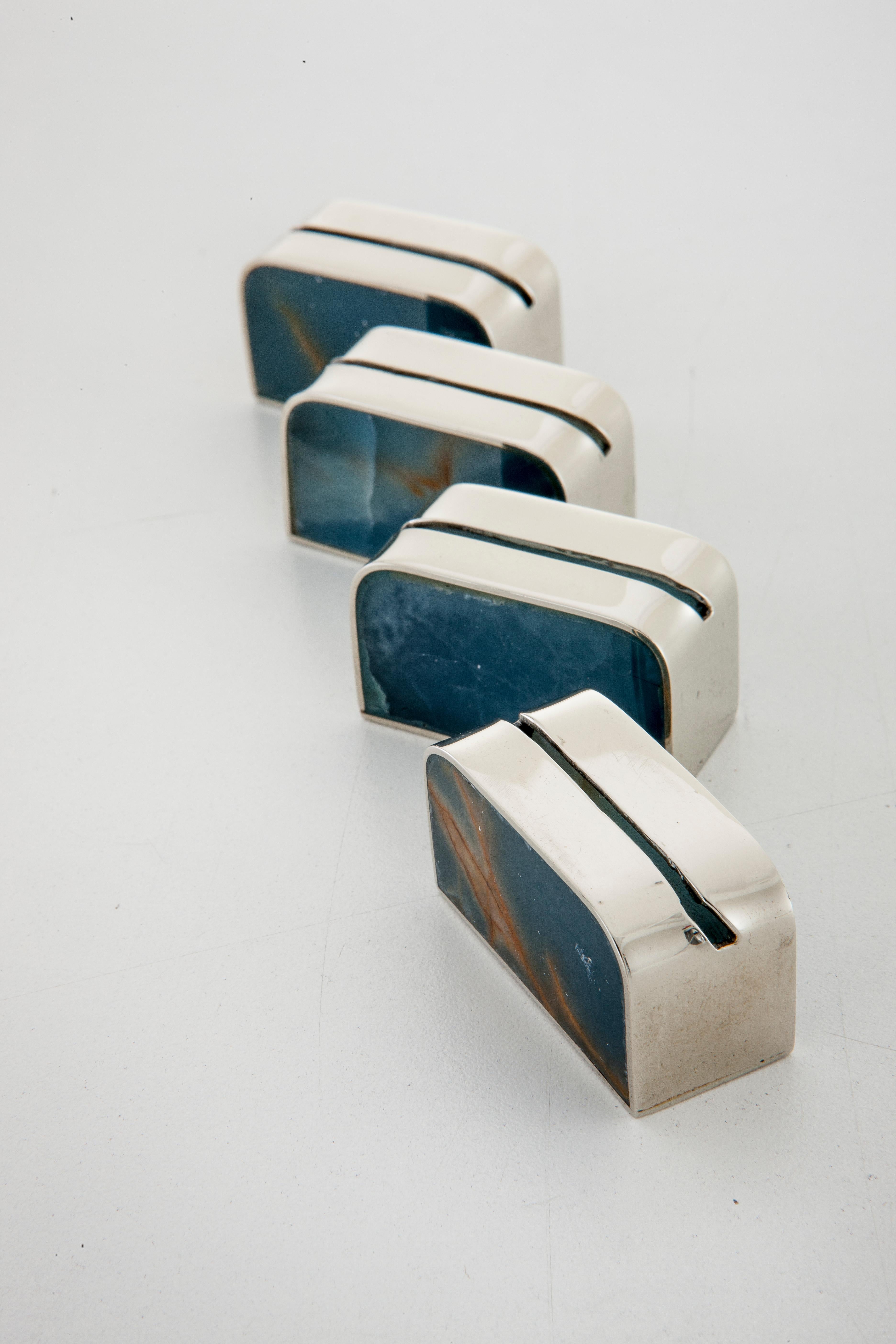 Organic Modern Salta Place Card Holders, Alpaca Silver & Blue Natural Onyx Stone For Sale