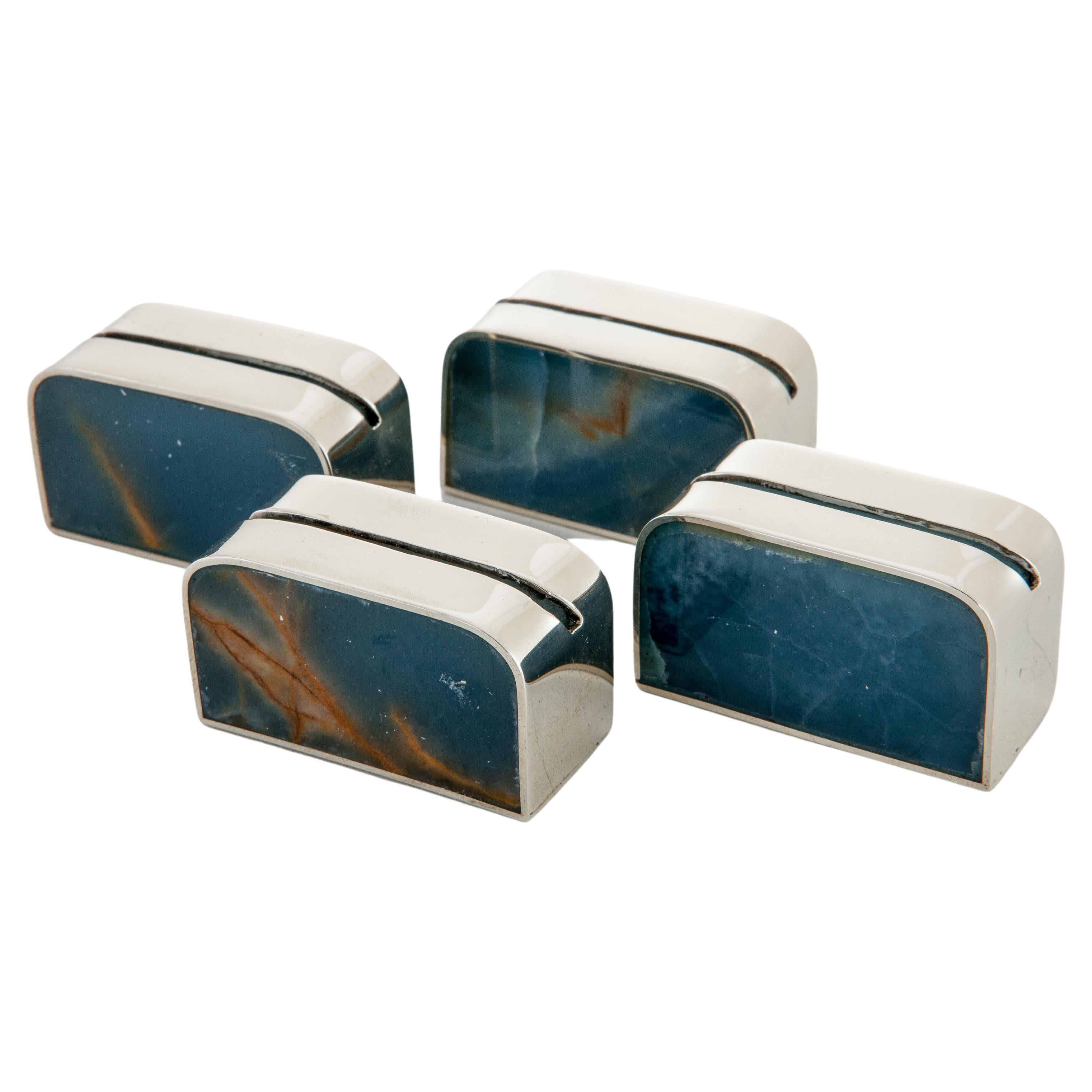 Salta Place Card Holders, Alpaca Silver & Blue Natural Onyx Stone For Sale