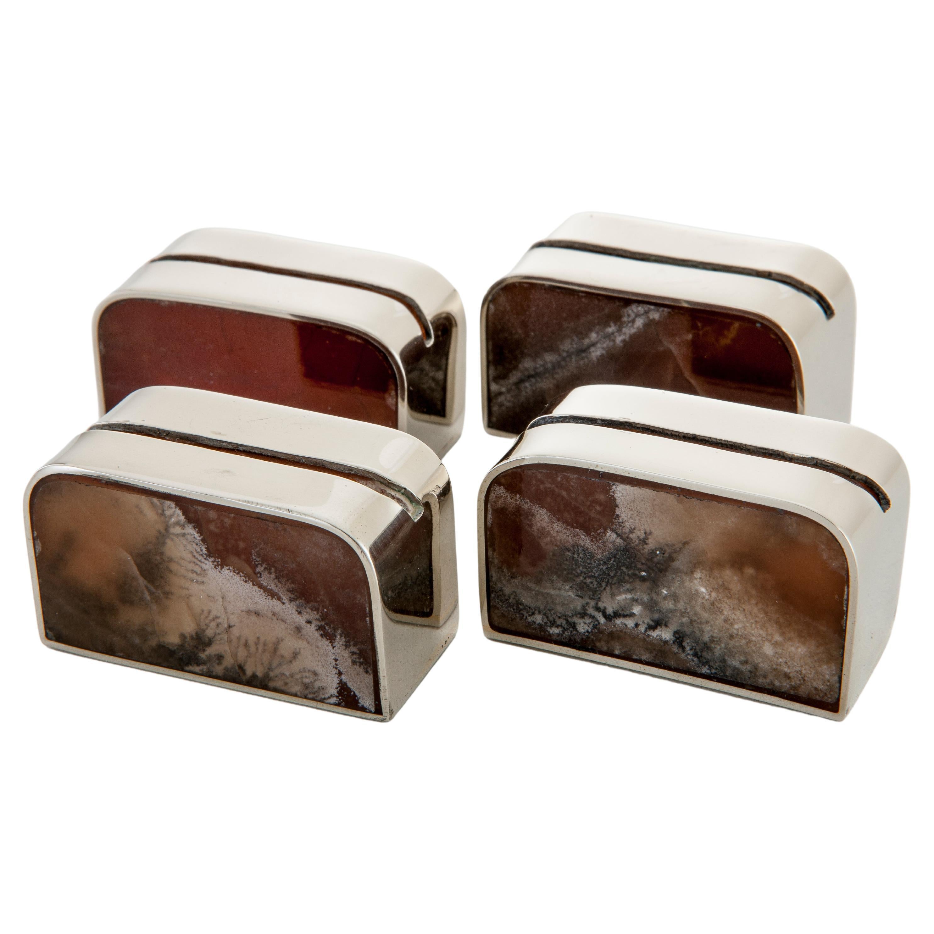 Salta Place Card Holders, Alpaca Silver & Brown Natural Onyx Stone For Sale