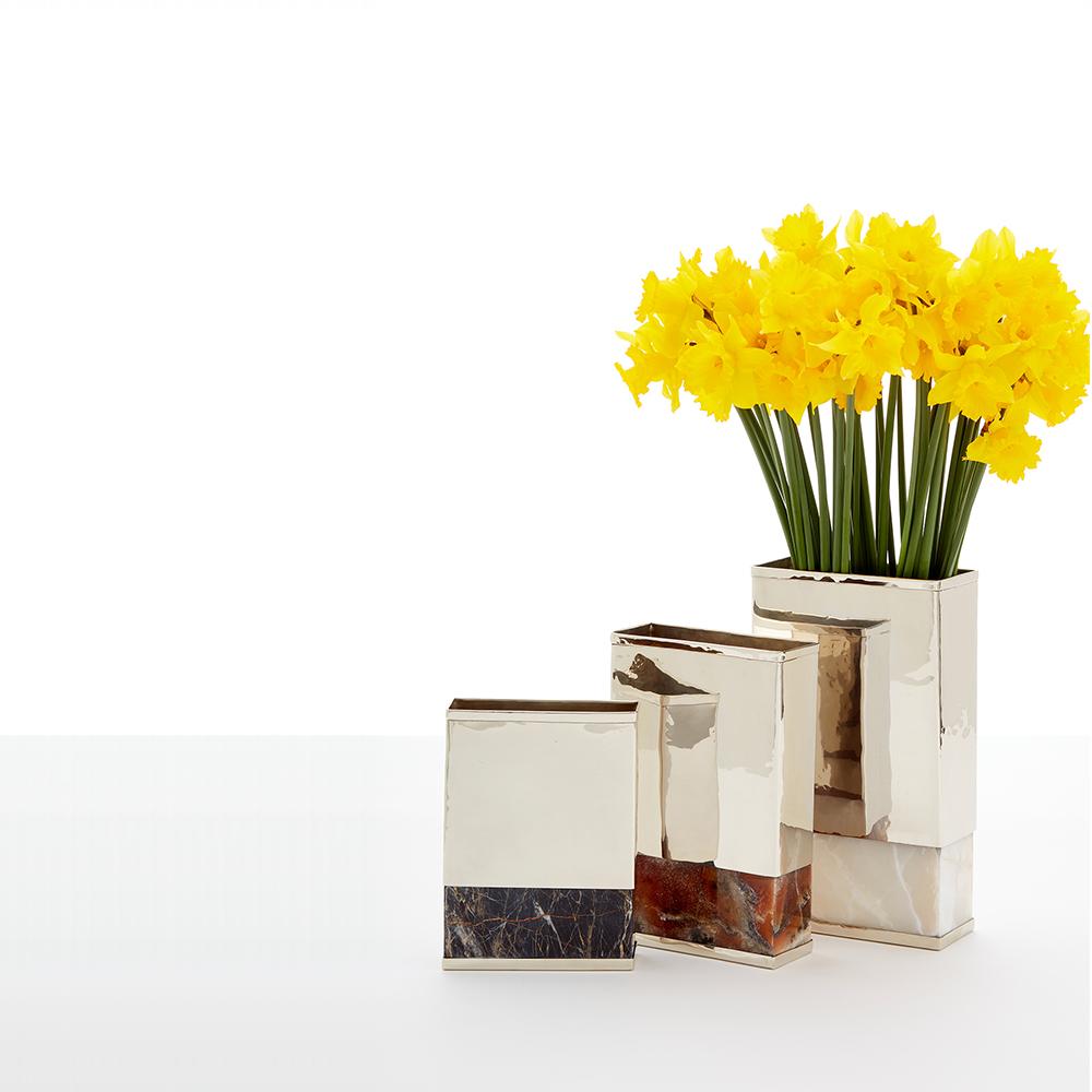 Modern Salta Rectangular Large Flower Vase, Alpaca Silver & Brown Onyx For Sale