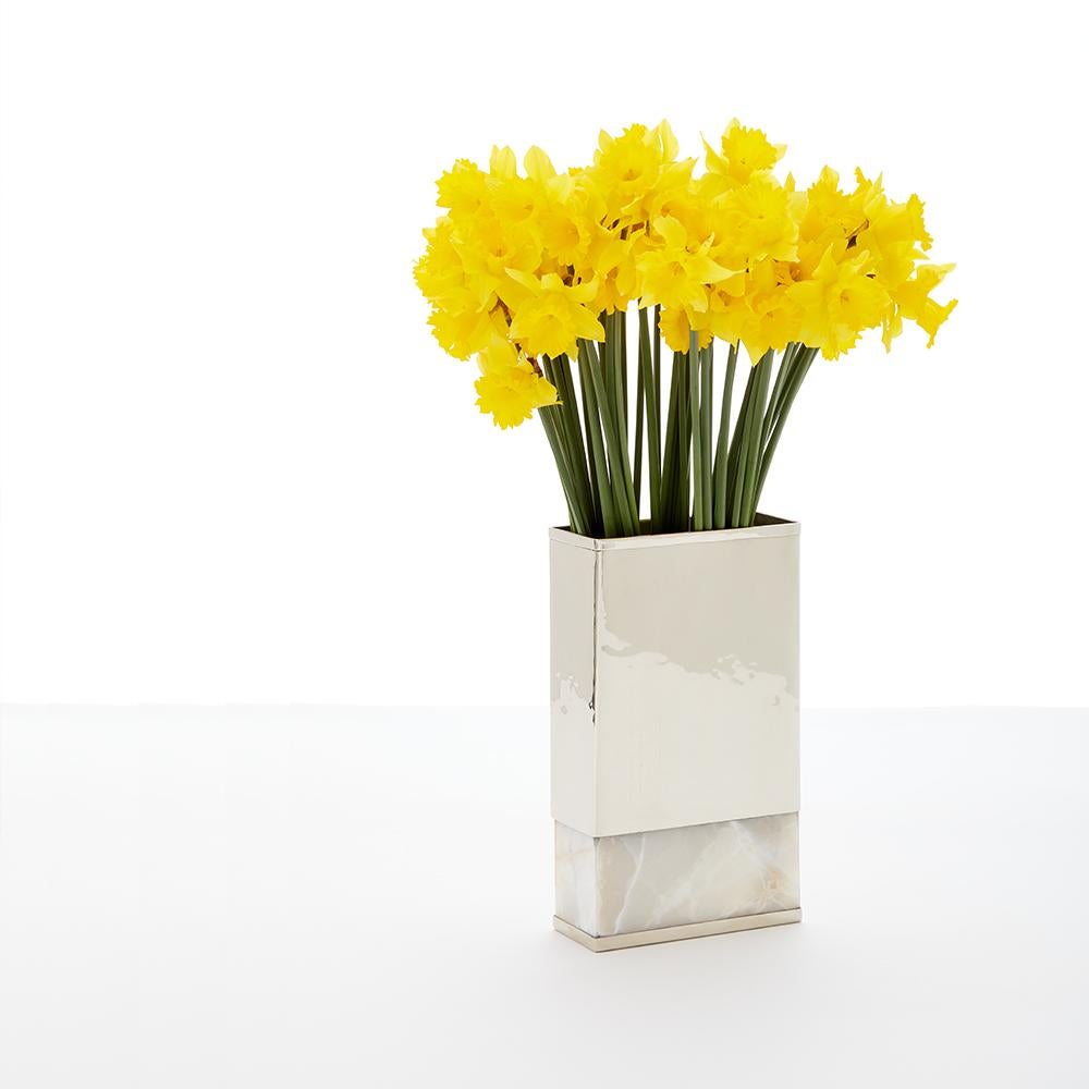 Modern Salta Rectangular Small Flower Vase, Alpaca Silver & Cream Onyx For Sale