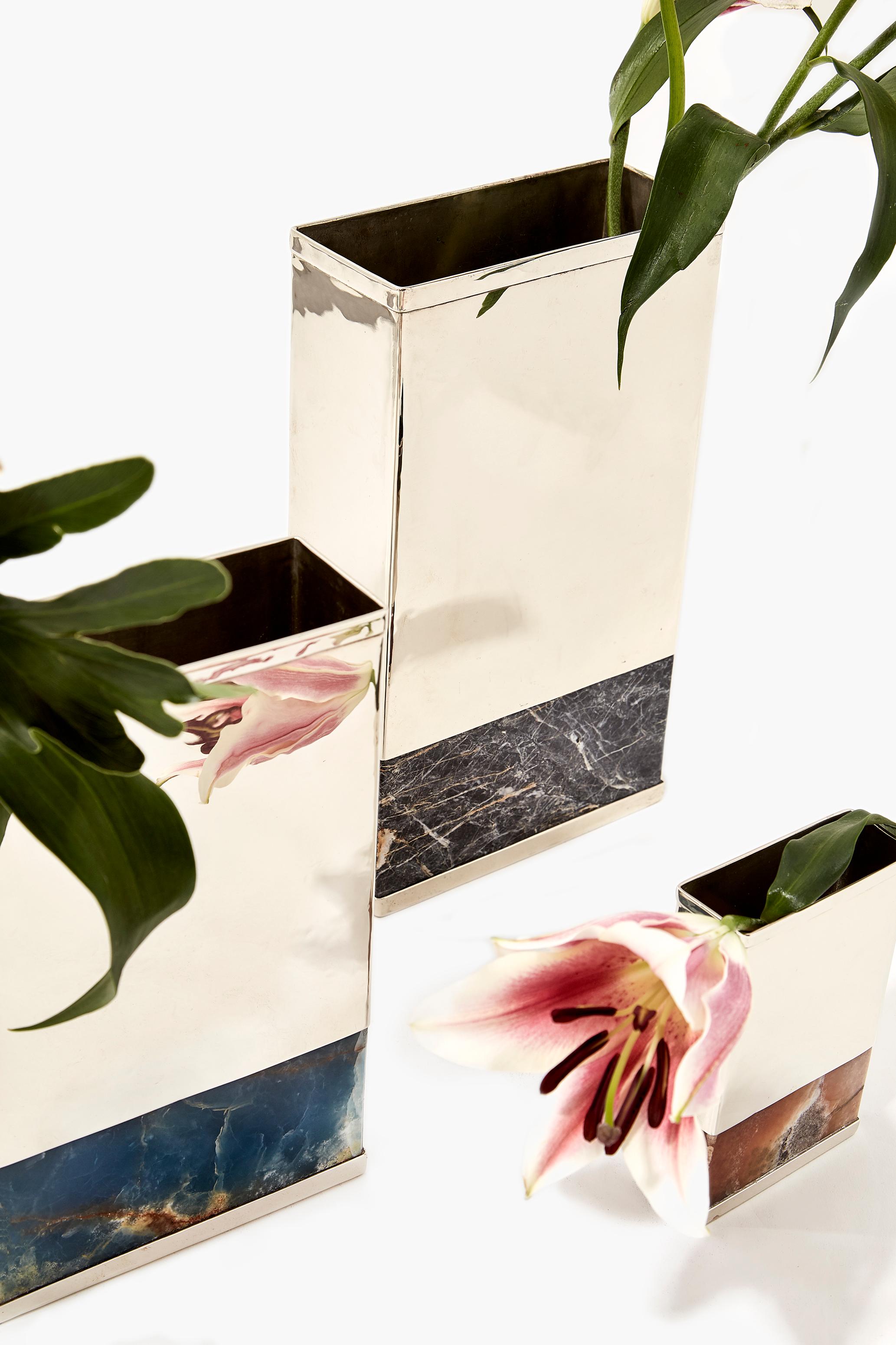 Argentine Salta Rectangular Small & Medium Flower Vases, Alpaca Silver & Onyx Stone For Sale