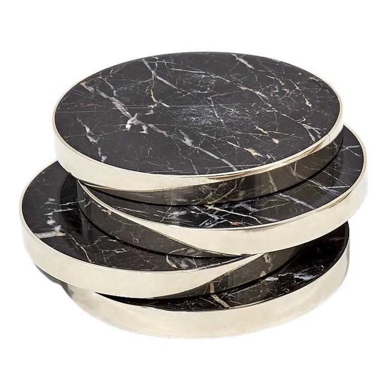 Salta Round Coaster, Alpaca Silver & Black Onyx Natural Stone For Sale