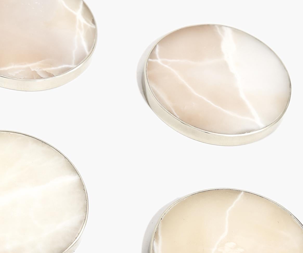 Organic Modern Salta Round Coaster, Alpaca Silver & Cream Onyx Natural Stone For Sale