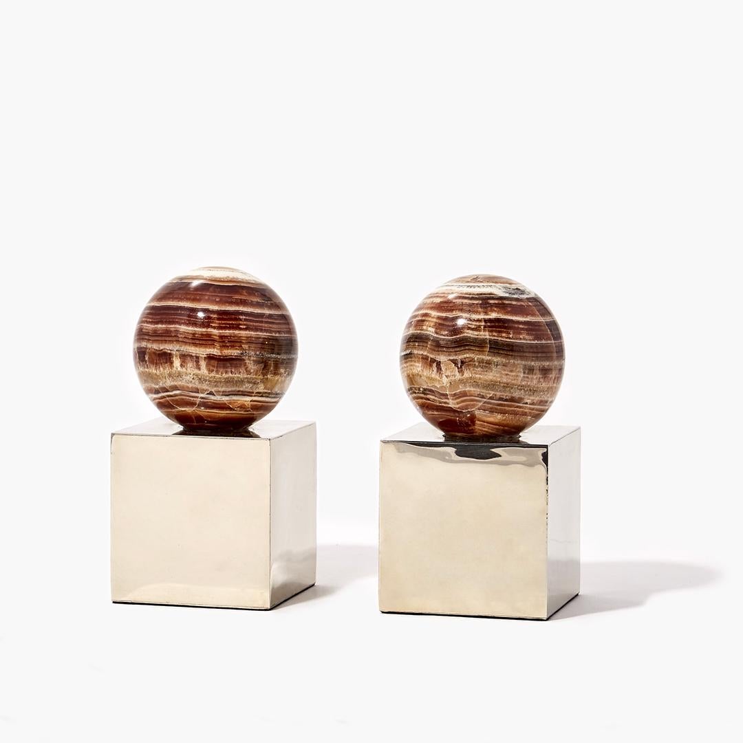 Hand-Crafted Salta Round Cream Onyx Stone Pair of Bookends For Sale