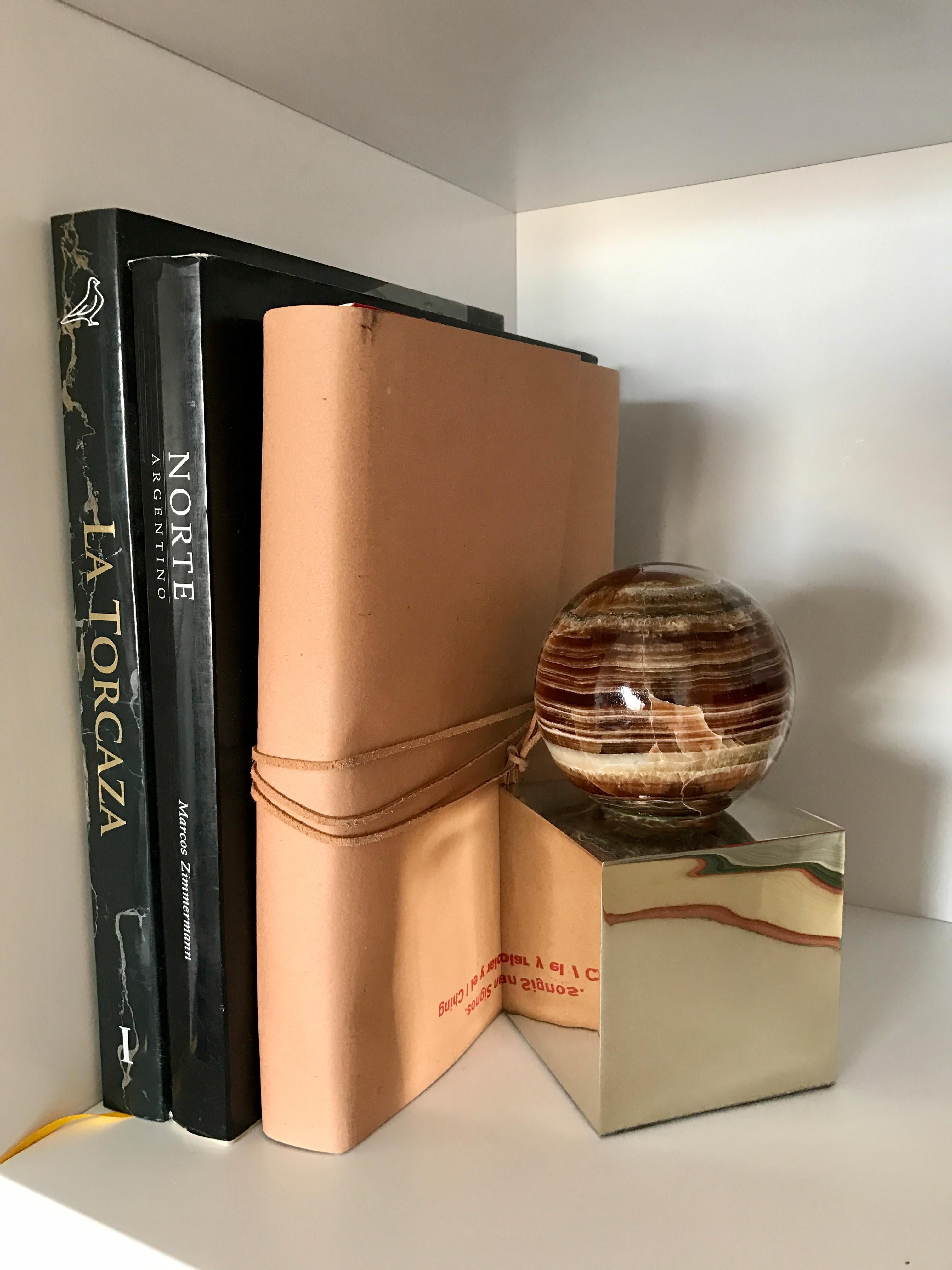 Contemporary Salta Round Cream Onyx Stone Pair of Bookends For Sale