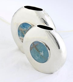 Salta Round Large Flower Vase, Alpaca Silver & Blue Onyx Stone