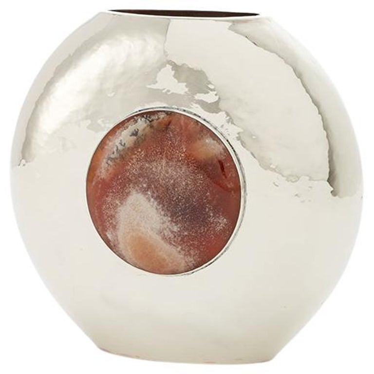 Salta Round Large Flower Vase, Alpaca Silver & Brown Onyx