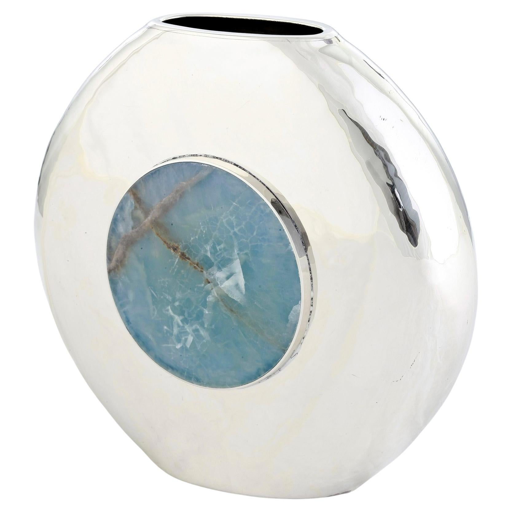 Salta Round Medium Flower Vase, Alpaca Silver & Blue Onyx Stone For Sale