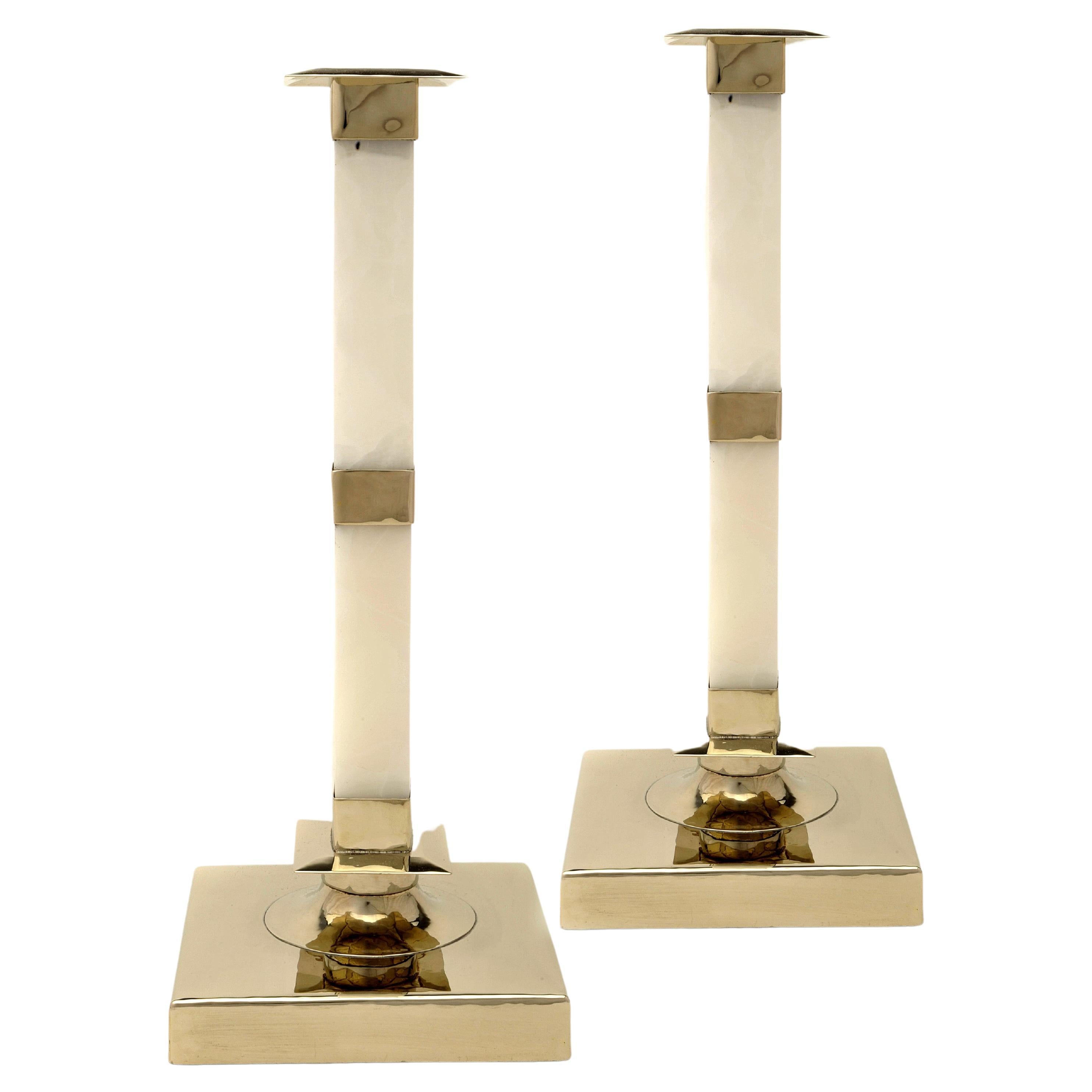 Salta Set Talls & Large Candlesticks, Alpaca Silver & Cream Onyx Stone For Sale