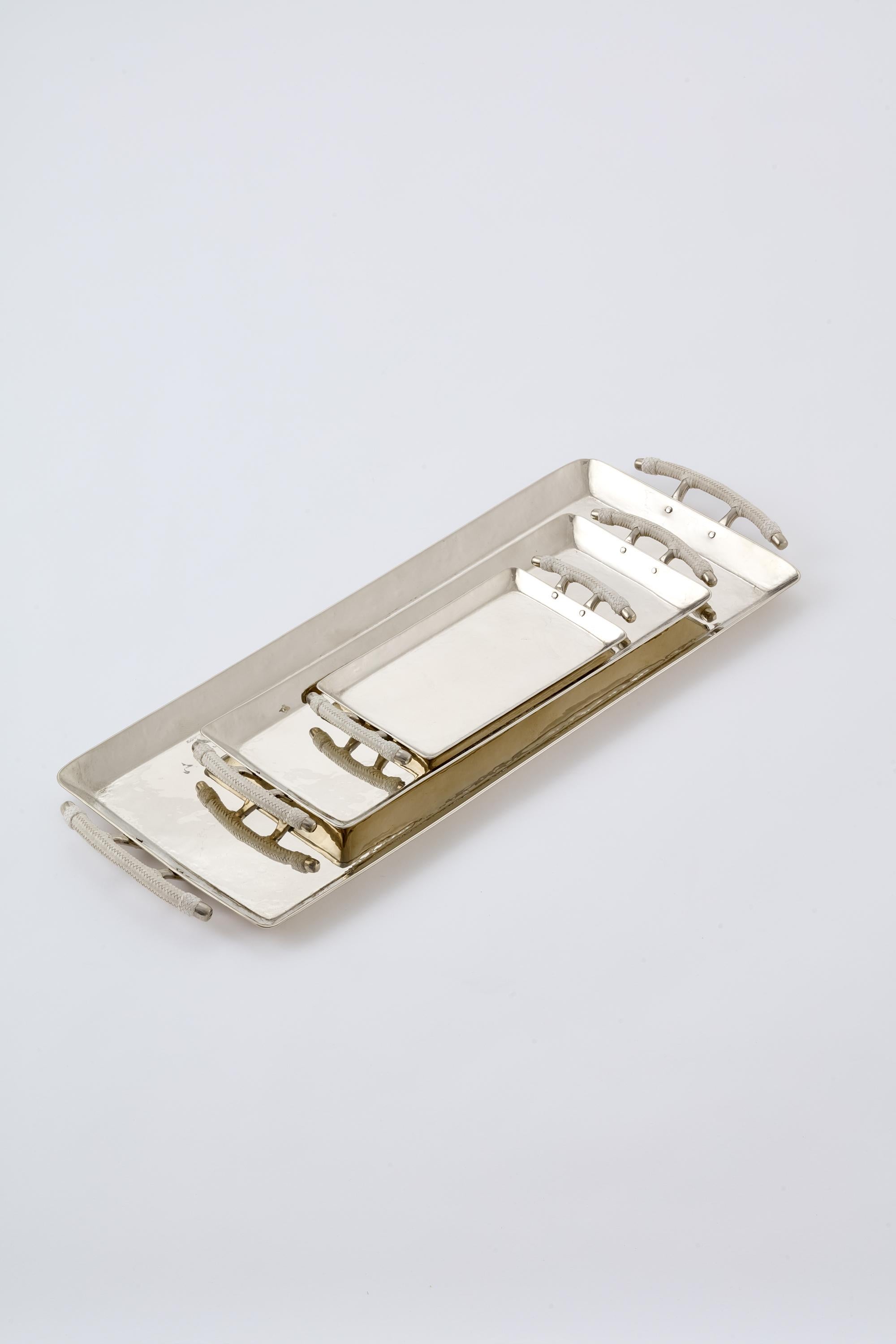 Argentine Salta Small Rectangular Leather Tray, Alpaca Silver & Leather For Sale