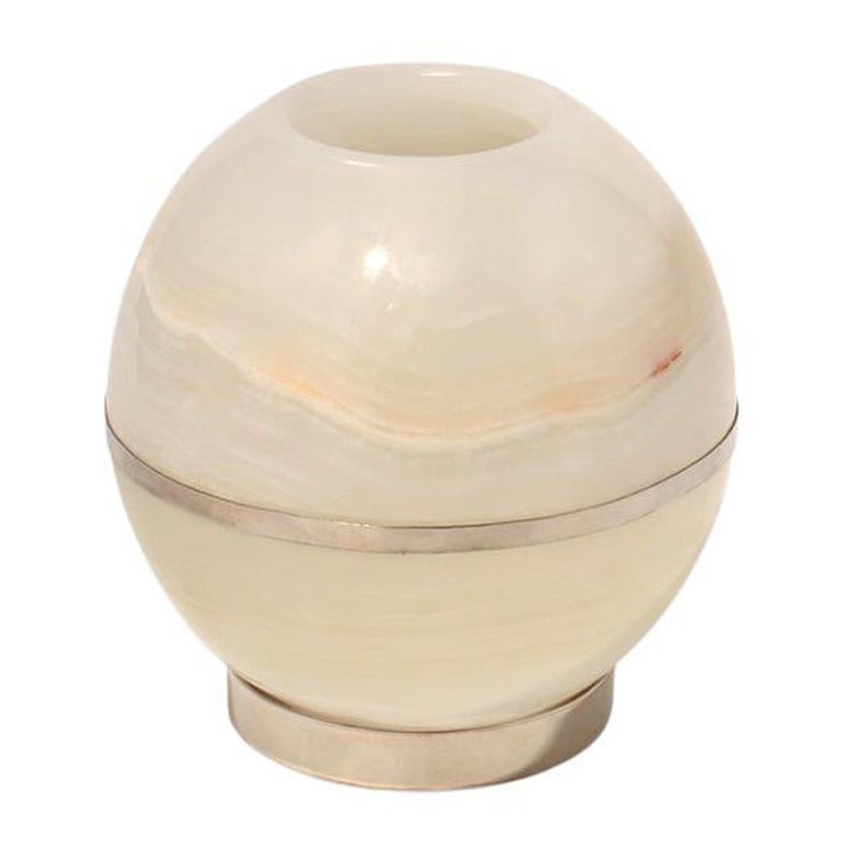 Petit bougeoir rond Salta, argent alpaga et pierre d'onyx naturel crème