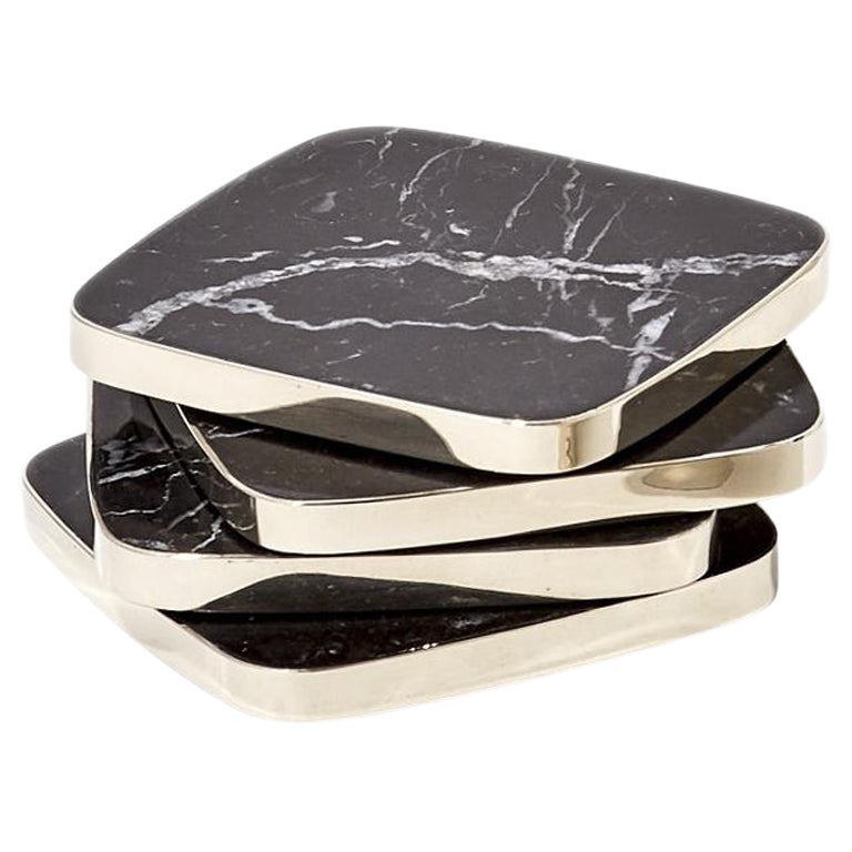 SALTA Square Coaster, Alpaca Silver & Black Natural Onyx Stone