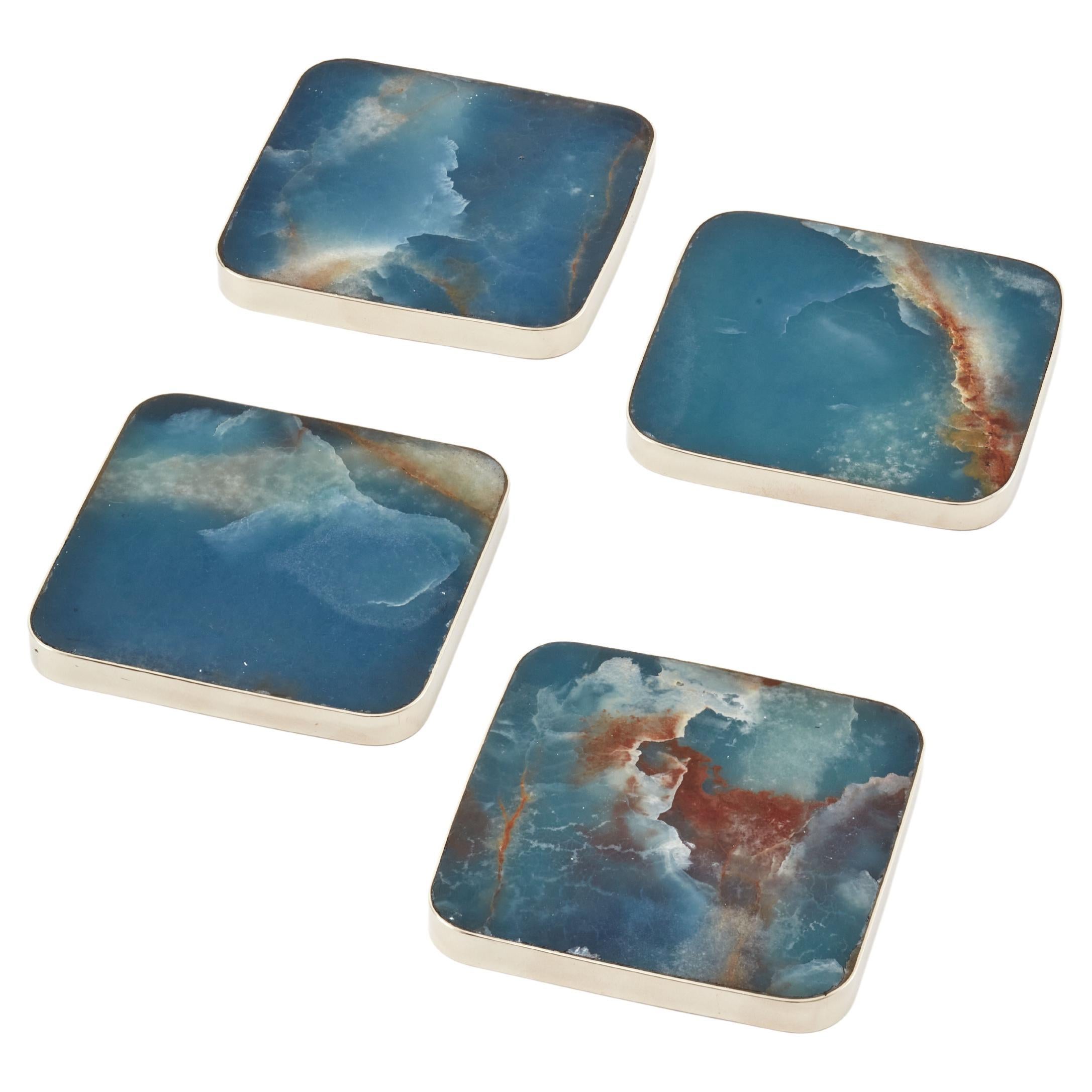 Salta Square Coaster, Alpaca Silver & Blue Natural Onyx Stone For Sale