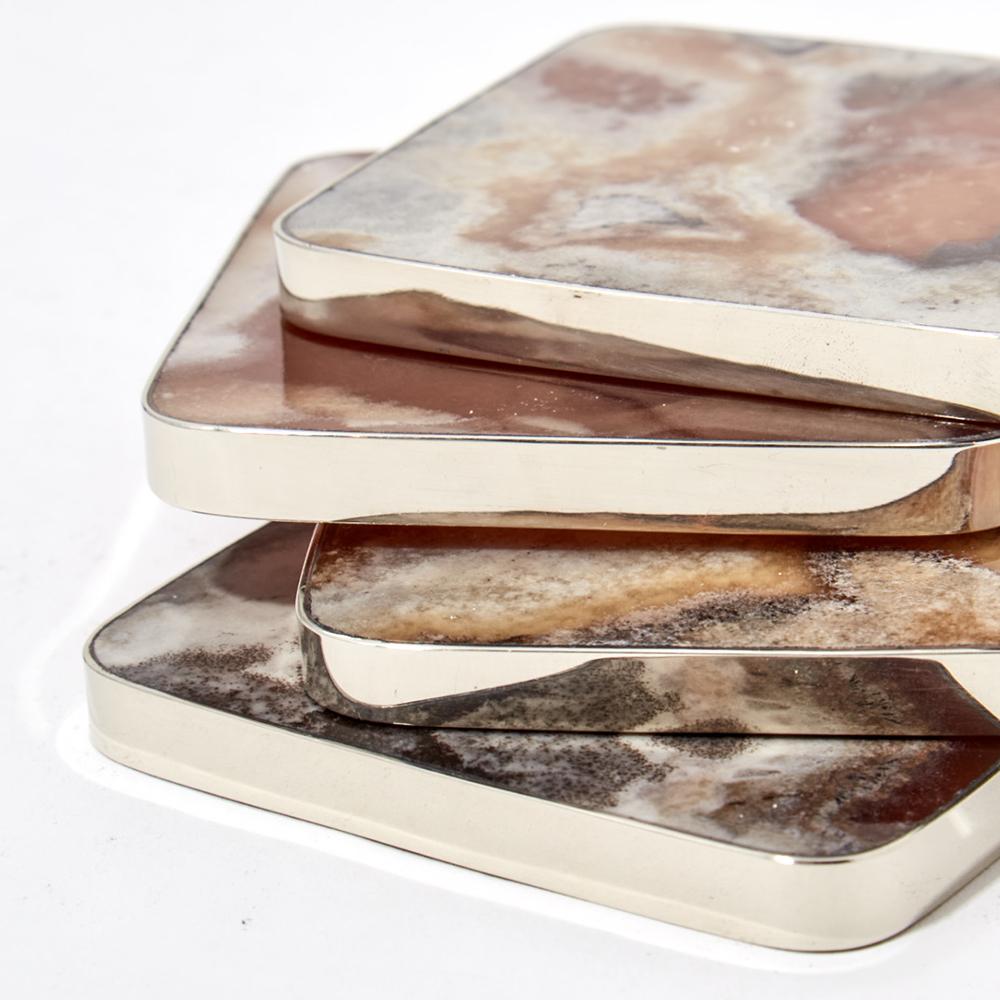 Organic Modern Salta Square Coaster, Alpaca Silver & Brown Natural Onyx Stone For Sale