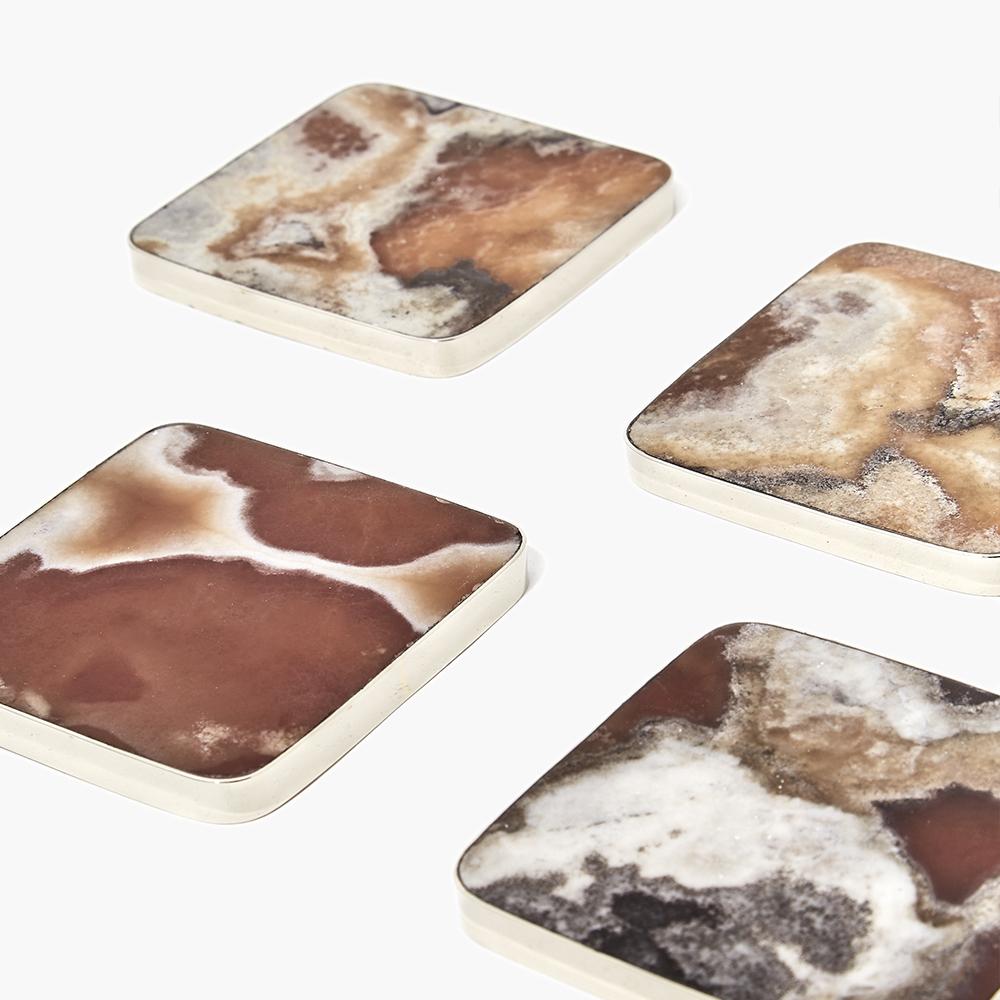 Argentine Salta Square Coaster, Alpaca Silver & Brown Natural Onyx Stone For Sale